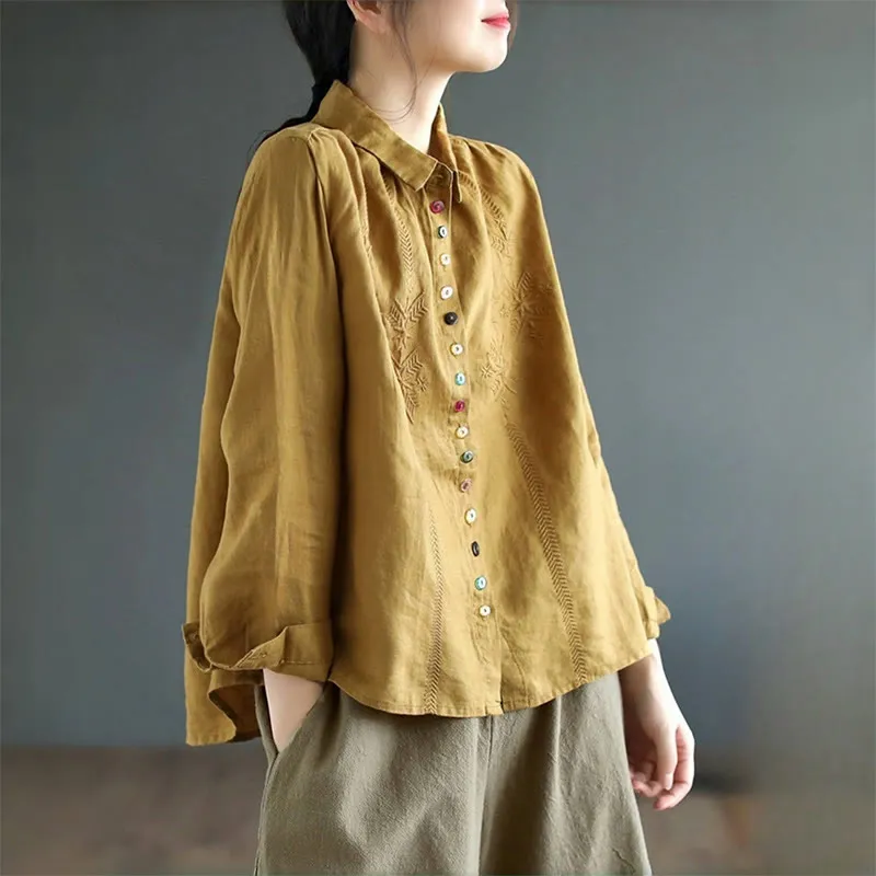 Buddha Stones Spring Embroidery Long Sleeve Colorful Button Label Cotton Linen Women's Shirt