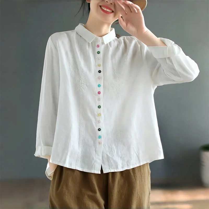 Buddha Stones Spring Embroidery Long Sleeve Colorful Button Label Cotton Linen Women's Shirt