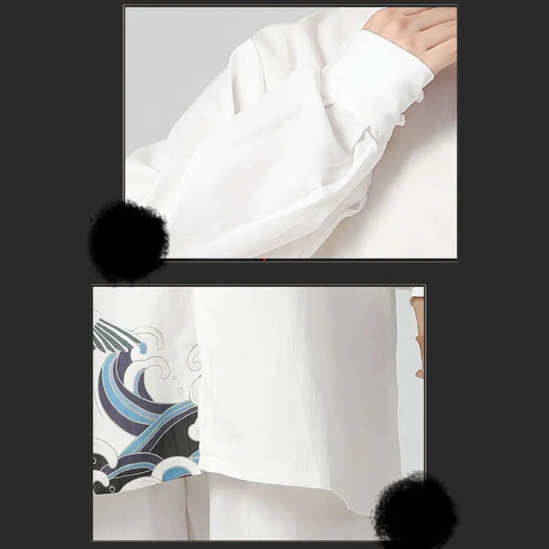 Buddha Stones White Crane Sea Cotton Linen Meditation Prayer Spiritual Zen Tai Chi Qigong Practice Clothing Set