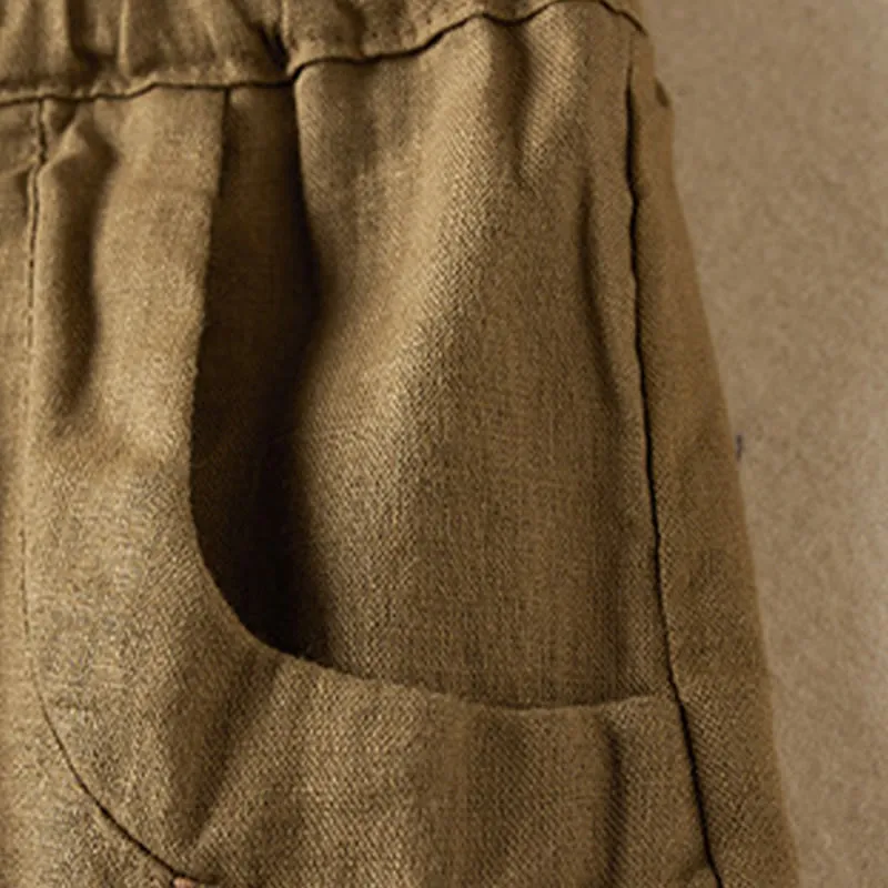 Buddha Stones Wild Simple Design Embroidery Drawstring Cotton Linen Women's Shorts With Pockets