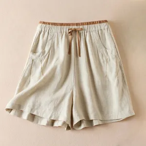 Buddha Stones Wild Simple Design Embroidery Drawstring Cotton Linen Women's Shorts With Pockets