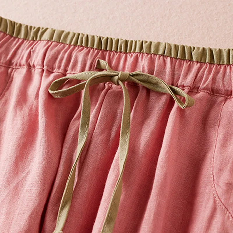 Buddha Stones Wild Simple Design Embroidery Drawstring Cotton Linen Women's Shorts With Pockets
