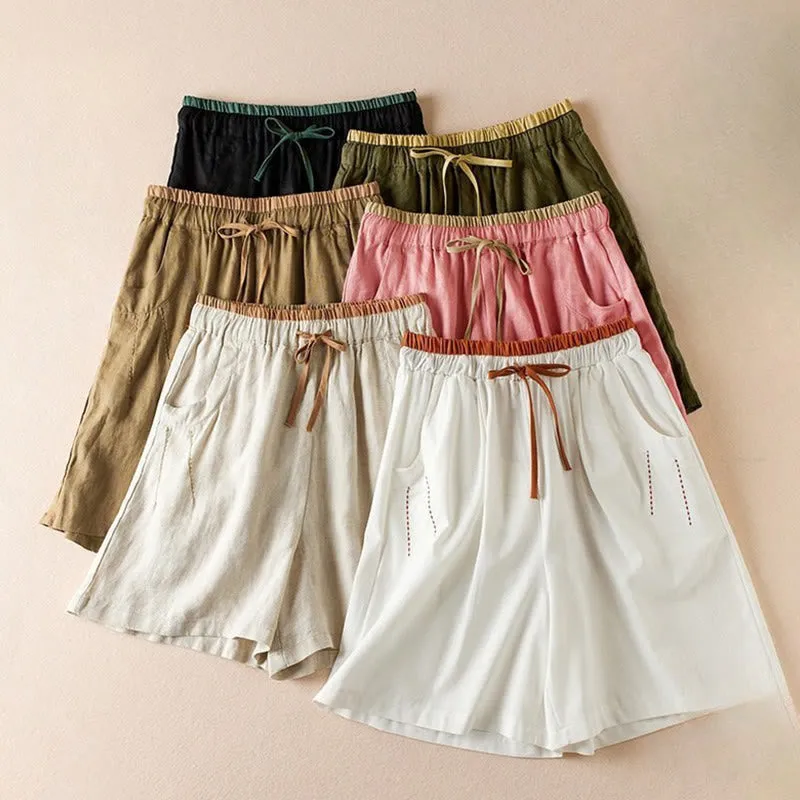 Buddha Stones Wild Simple Design Embroidery Drawstring Cotton Linen Women's Shorts With Pockets