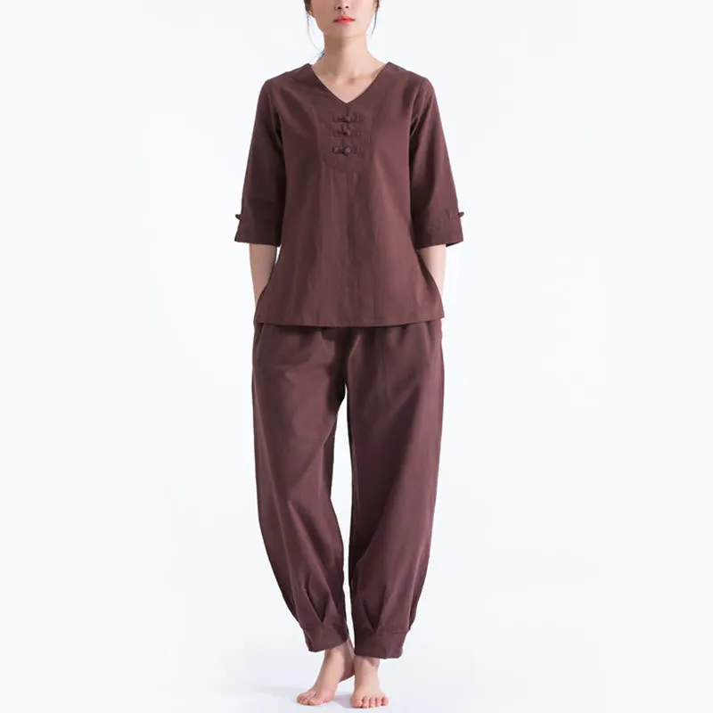 Buddha Stones Yoga Meditation Prayer V-neck Design Cotton Linen Clothing Uniform Zen Practice Women's Set