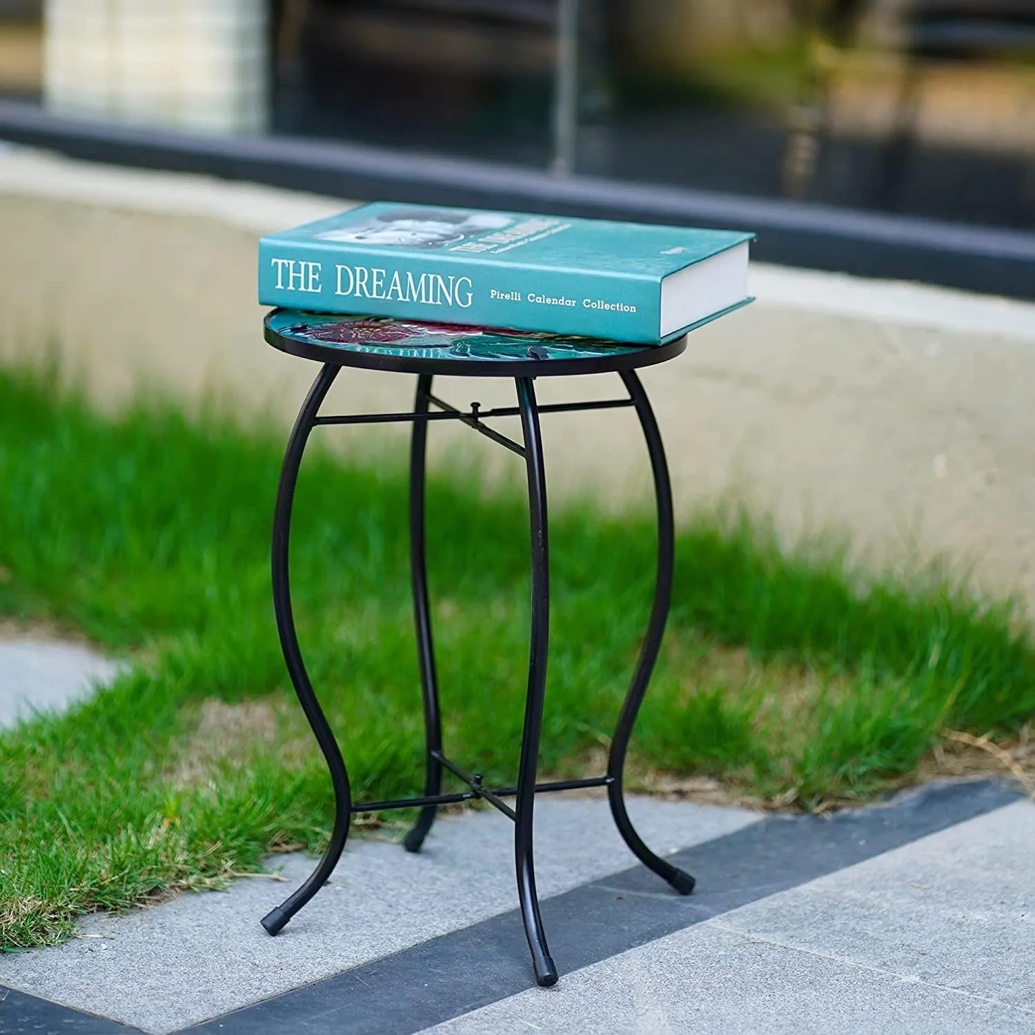 Butterfly Patio Side Table, Small Patio Outdoor Side Table, Plant Table,Metal Glass End Table for Porch Garden Yard Pool.