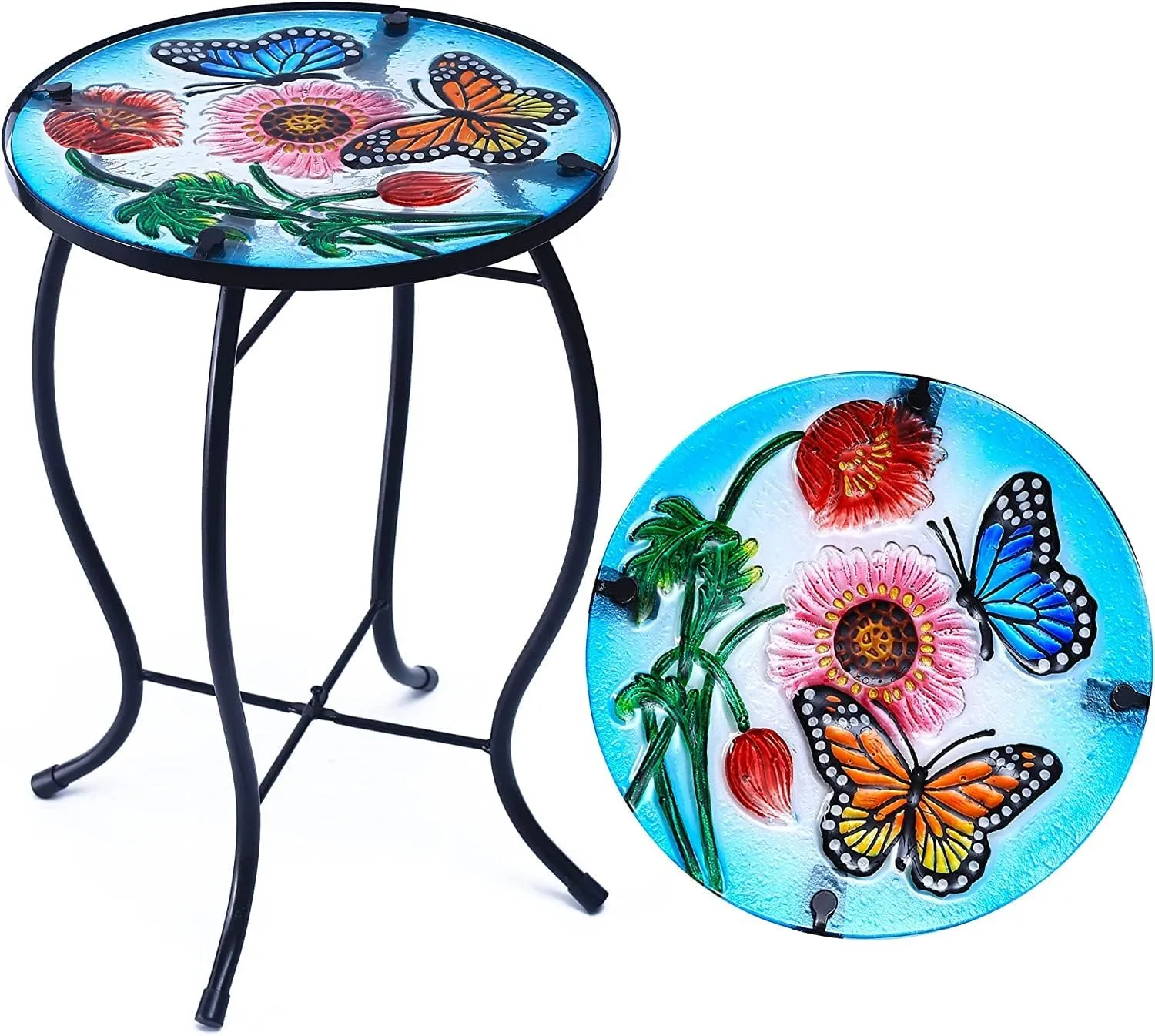Butterfly Patio Side Table, Small Patio Outdoor Side Table, Plant Table,Metal Glass End Table for Porch Garden Yard Pool.