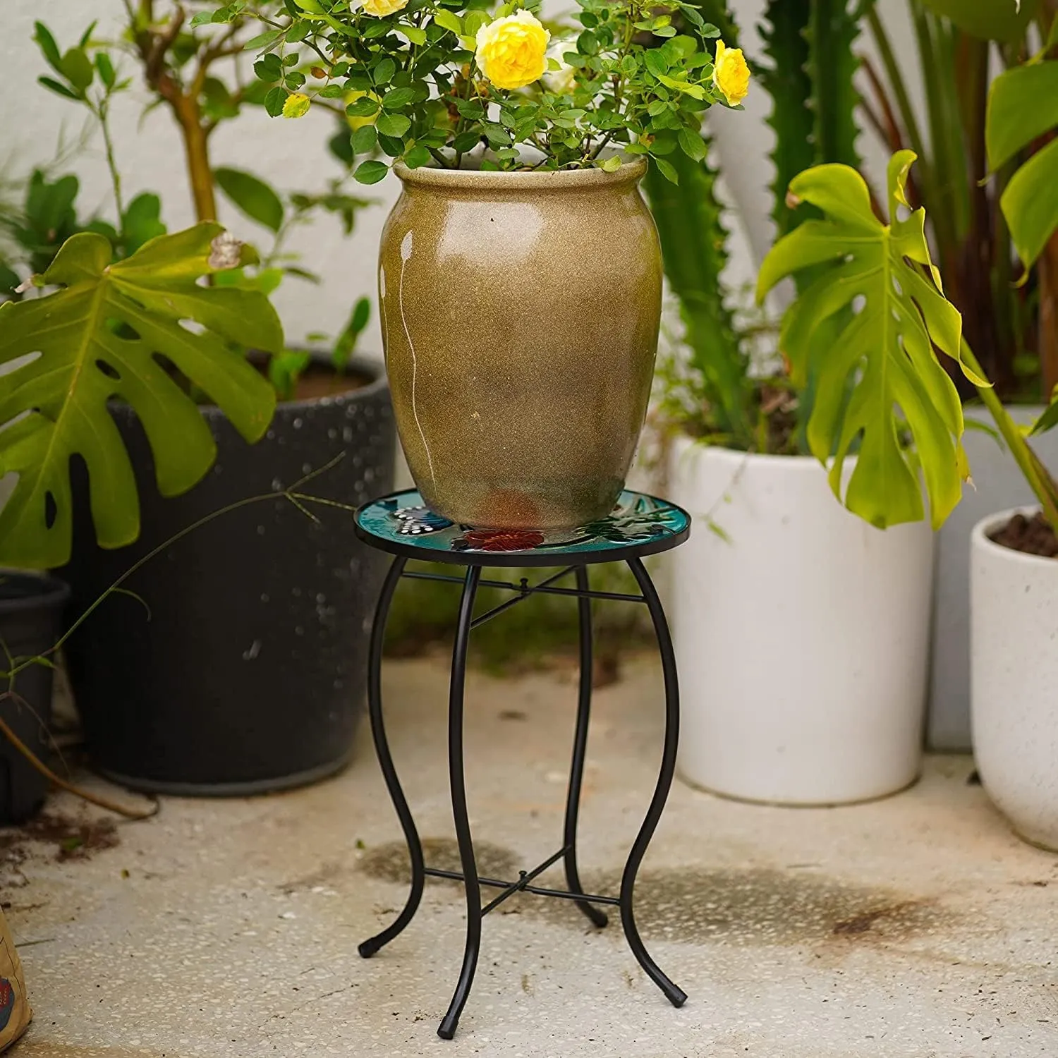 Butterfly Patio Side Table, Small Patio Outdoor Side Table, Plant Table,Metal Glass End Table for Porch Garden Yard Pool.