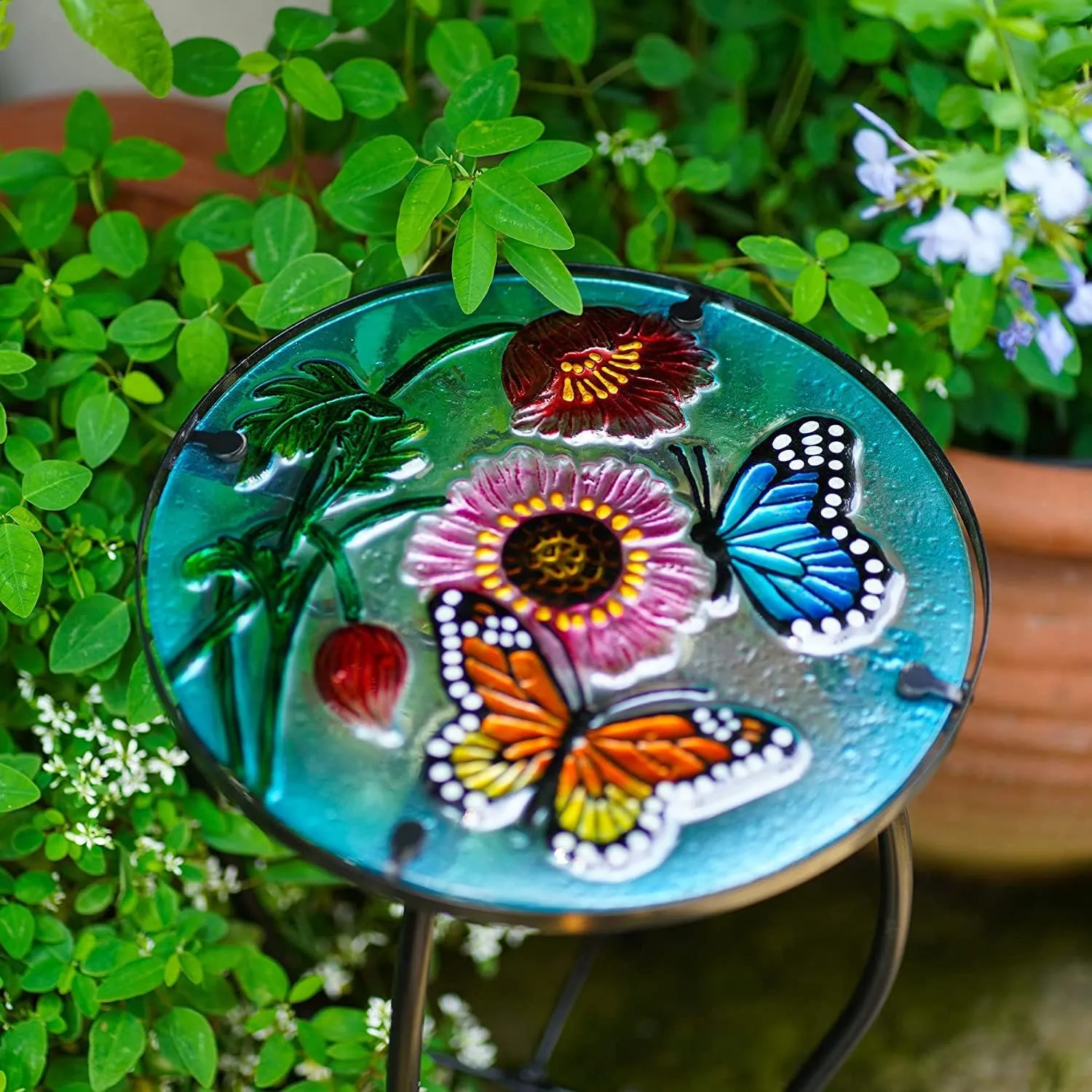 Butterfly Patio Side Table, Small Patio Outdoor Side Table, Plant Table,Metal Glass End Table for Porch Garden Yard Pool.