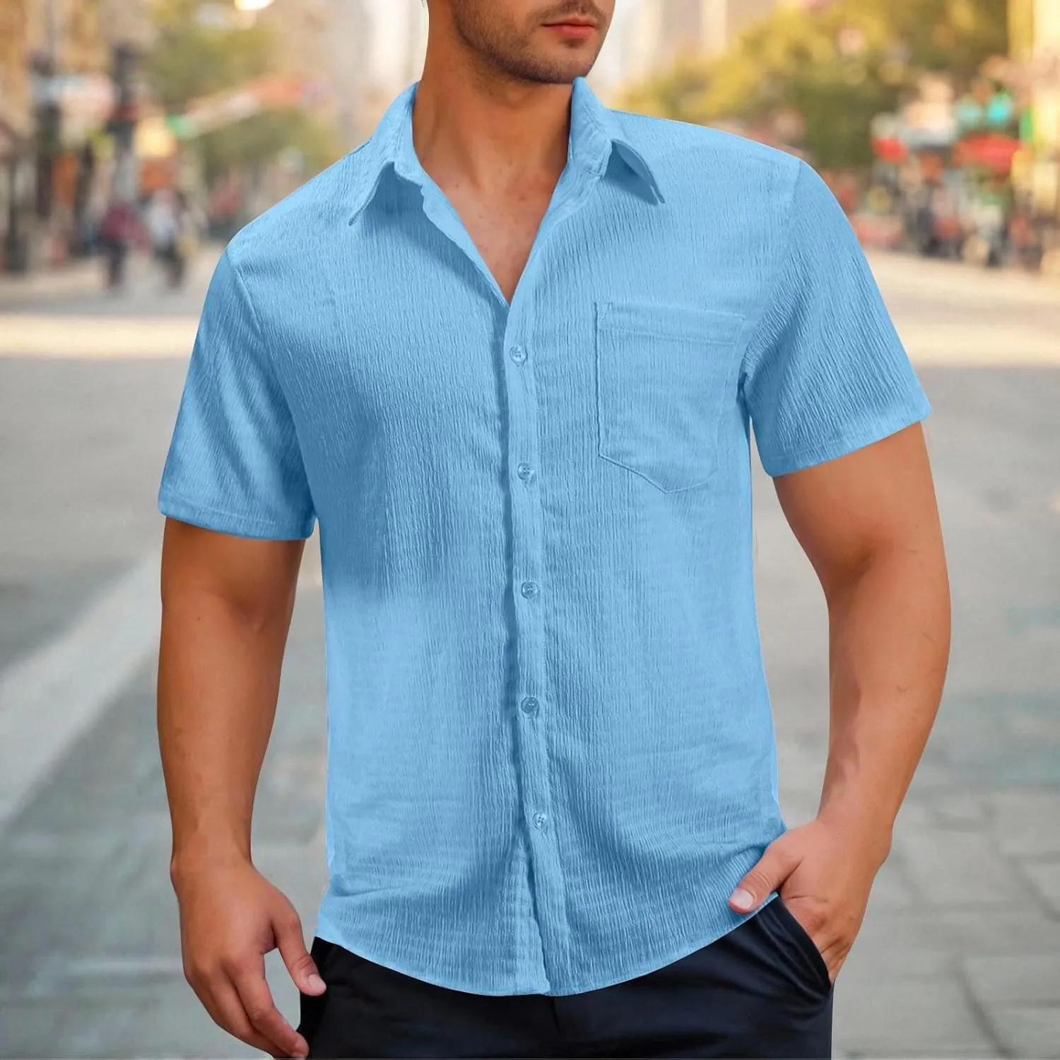 Button Down Shirt for Men Summer Solid Button Short Sleeve Lapel Blouse Casual Fashion Vintage Beach Hawaiian Tops