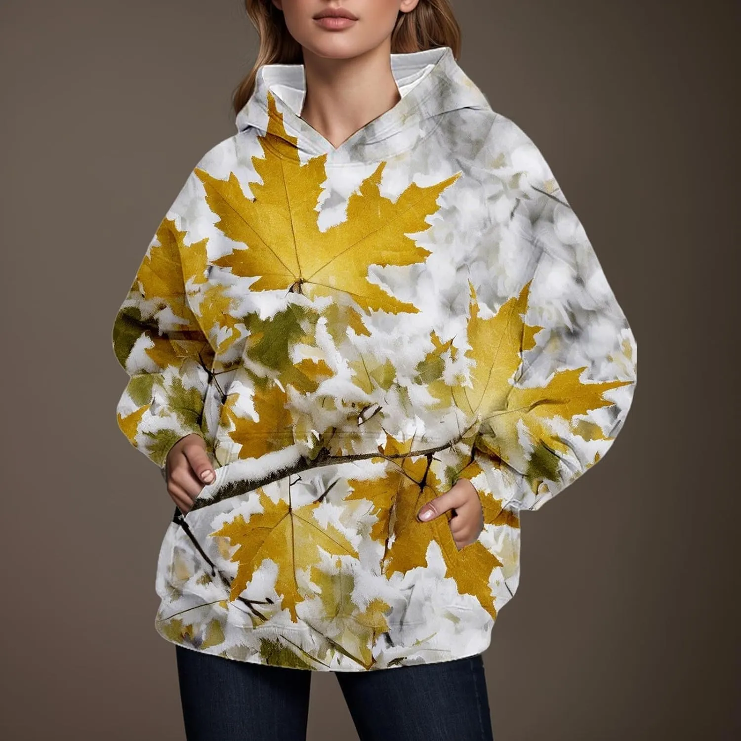 Camo Hoodie Womens Fall Fashion 2024 Trendy Camo Sweatsuits Oversized Long Sleeve Maple Leaf Print Fle