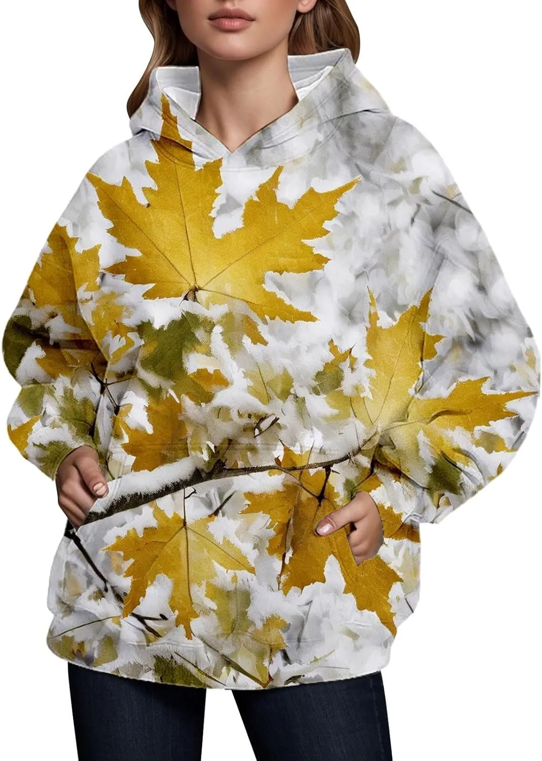 Camo Hoodie Womens Fall Fashion 2024 Trendy Camo Sweatsuits Oversized Long Sleeve Maple Leaf Print Fle