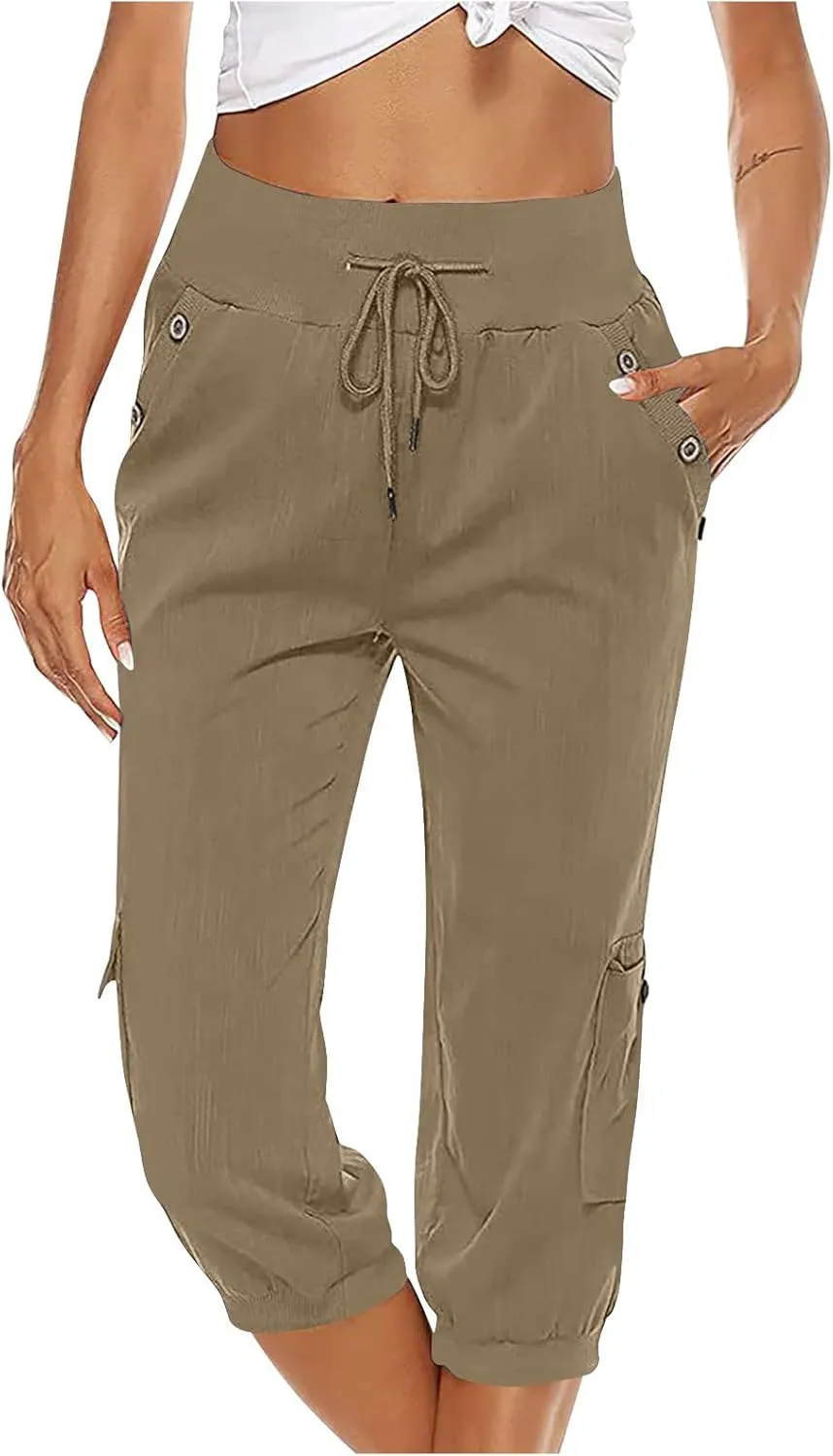 Capri Pants for Women High Waisted Cotton Linen Solid Color Trousers Elastic Sports Loose Flowy Pants with Pockets