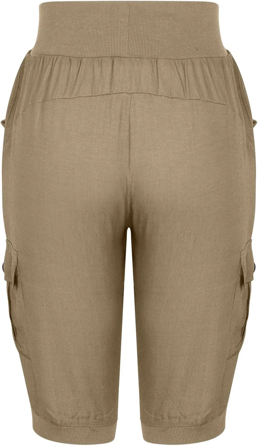 Capri Pants for Women High Waisted Cotton Linen Solid Color Trousers Elastic Sports Loose Flowy Pants with Pockets