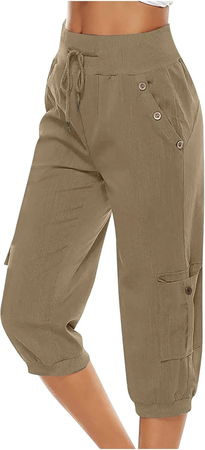 Capri Pants for Women High Waisted Cotton Linen Solid Color Trousers Elastic Sports Loose Flowy Pants with Pockets
