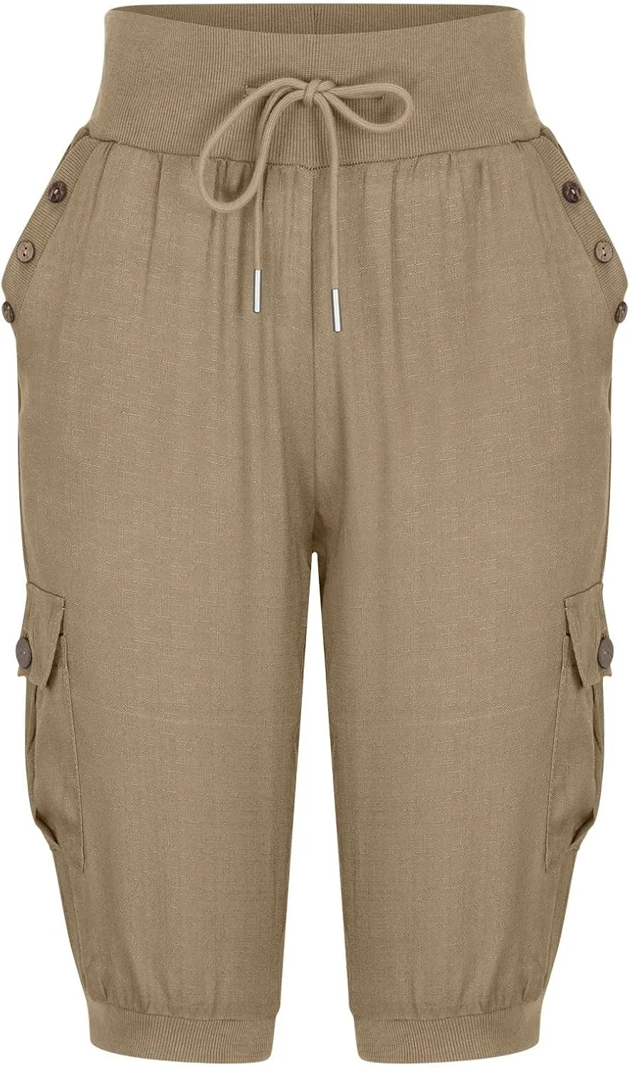 Capri Pants for Women High Waisted Cotton Linen Solid Color Trousers Elastic Sports Loose Flowy Pants with Pockets