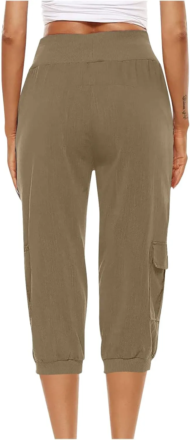Capri Pants for Women High Waisted Cotton Linen Solid Color Trousers Elastic Sports Loose Flowy Pants with Pockets