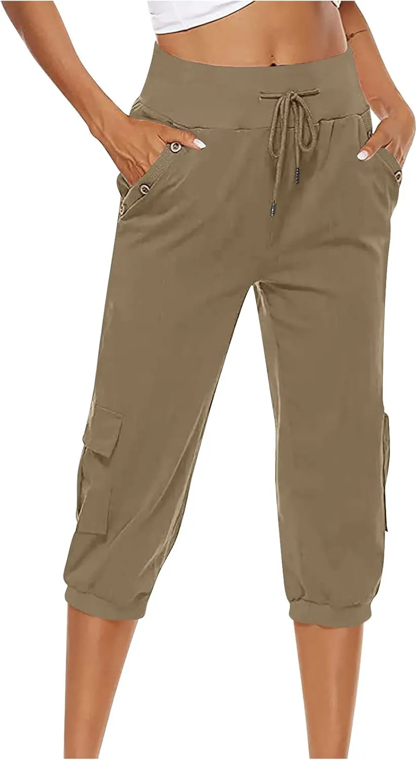 Capri Pants for Women High Waisted Cotton Linen Solid Color Trousers Elastic Sports Loose Flowy Pants with Pockets