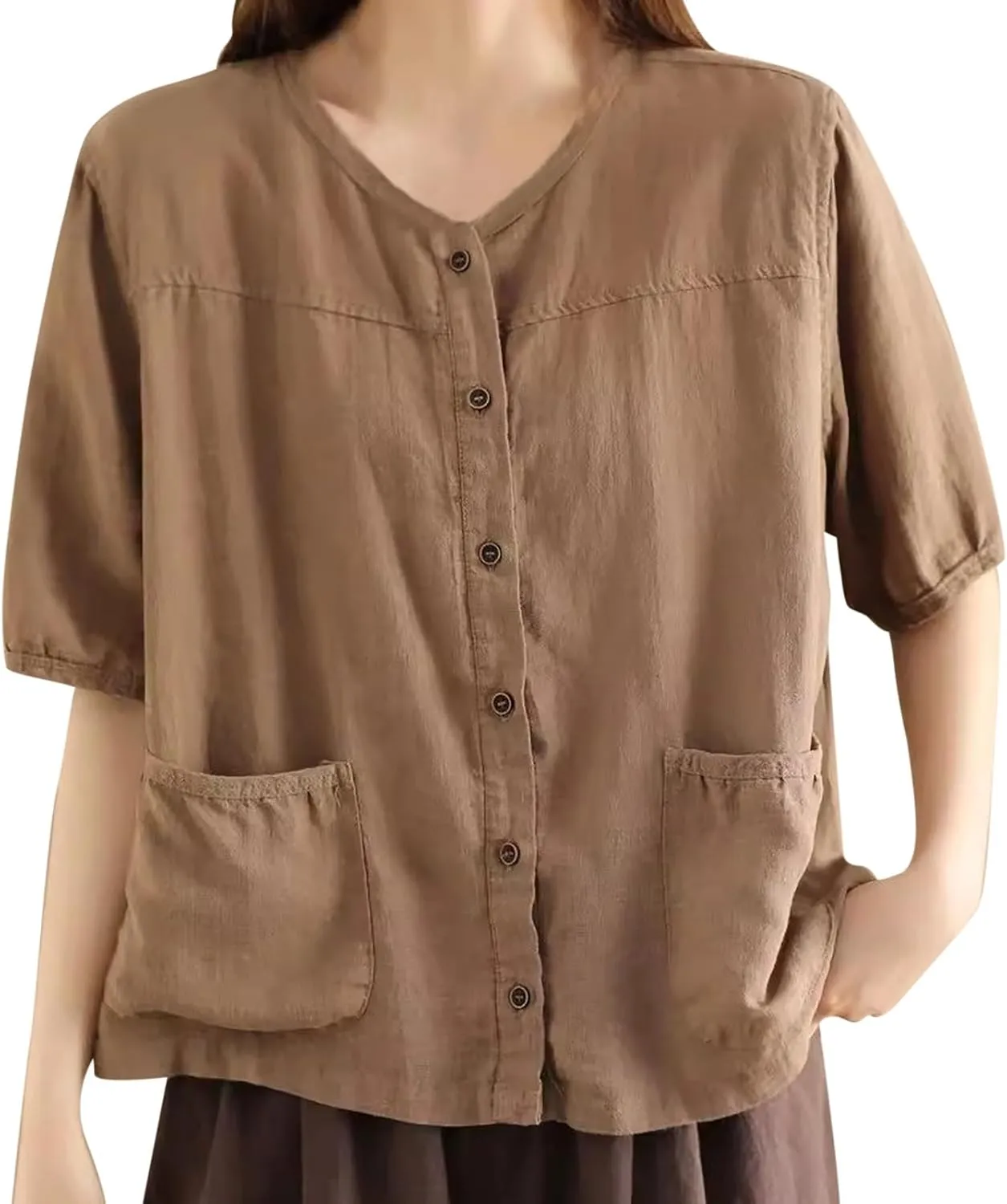 Casual Tops for Women 2025 Summer Batwing Half Sleeve Linen Shirts Plus Size Crewneck Blouse Solid Color Basic Top