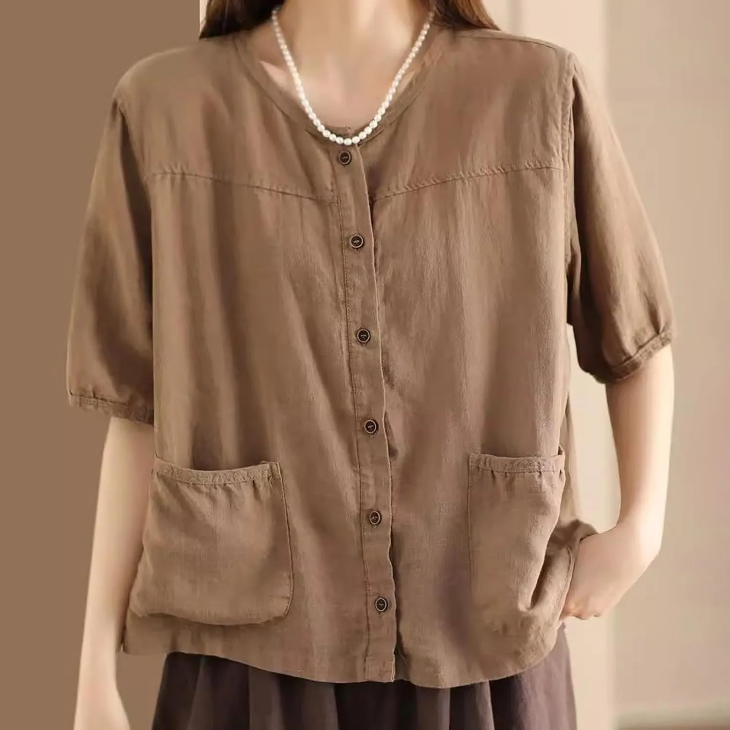 Casual Tops for Women 2025 Summer Batwing Half Sleeve Linen Shirts Plus Size Crewneck Blouse Solid Color Basic Top