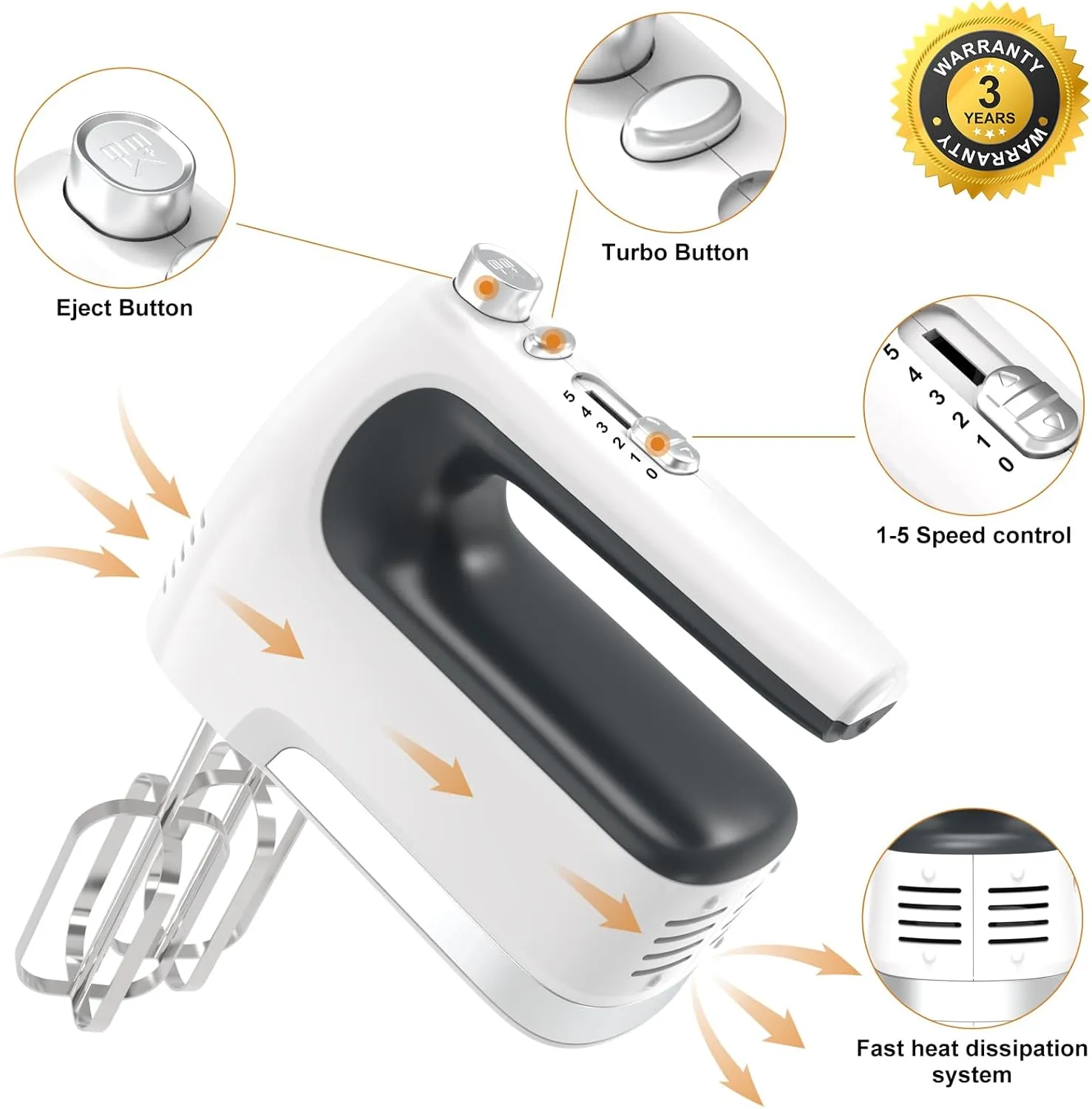 CBQ Hand Mixer Electric, 5-Speed 400W Powerful Motor, Hand Mixer Electric Handheld with Storage Case, Turbo Boost and 5x Accessories, Flat Beaters, Dough Hooks, Whisk (White)