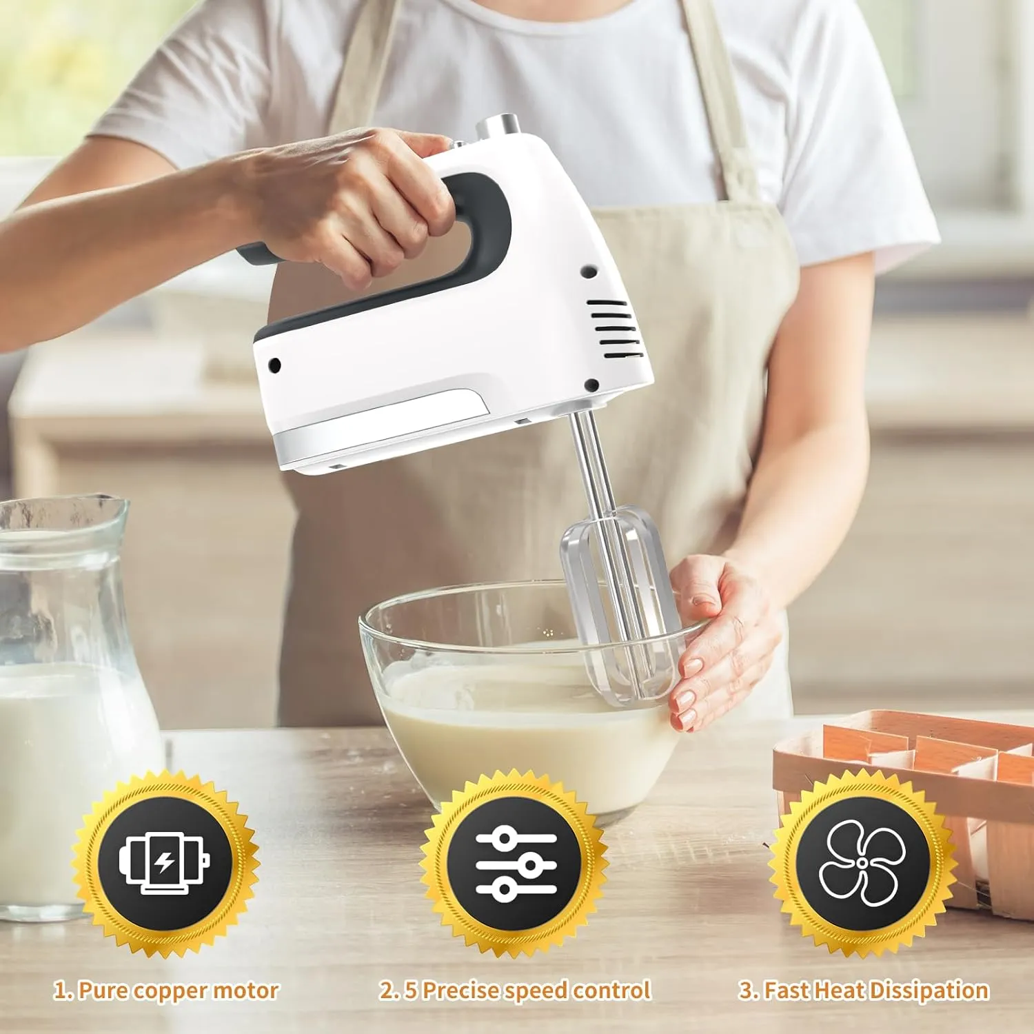 CBQ Hand Mixer Electric, 5-Speed 400W Powerful Motor, Hand Mixer Electric Handheld with Storage Case, Turbo Boost and 5x Accessories, Flat Beaters, Dough Hooks, Whisk (White)