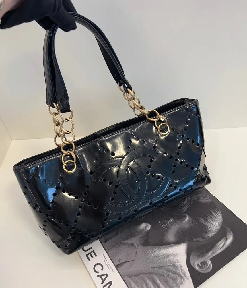 Chanel Timeless Black Patent Perforated Leather Tote Bag