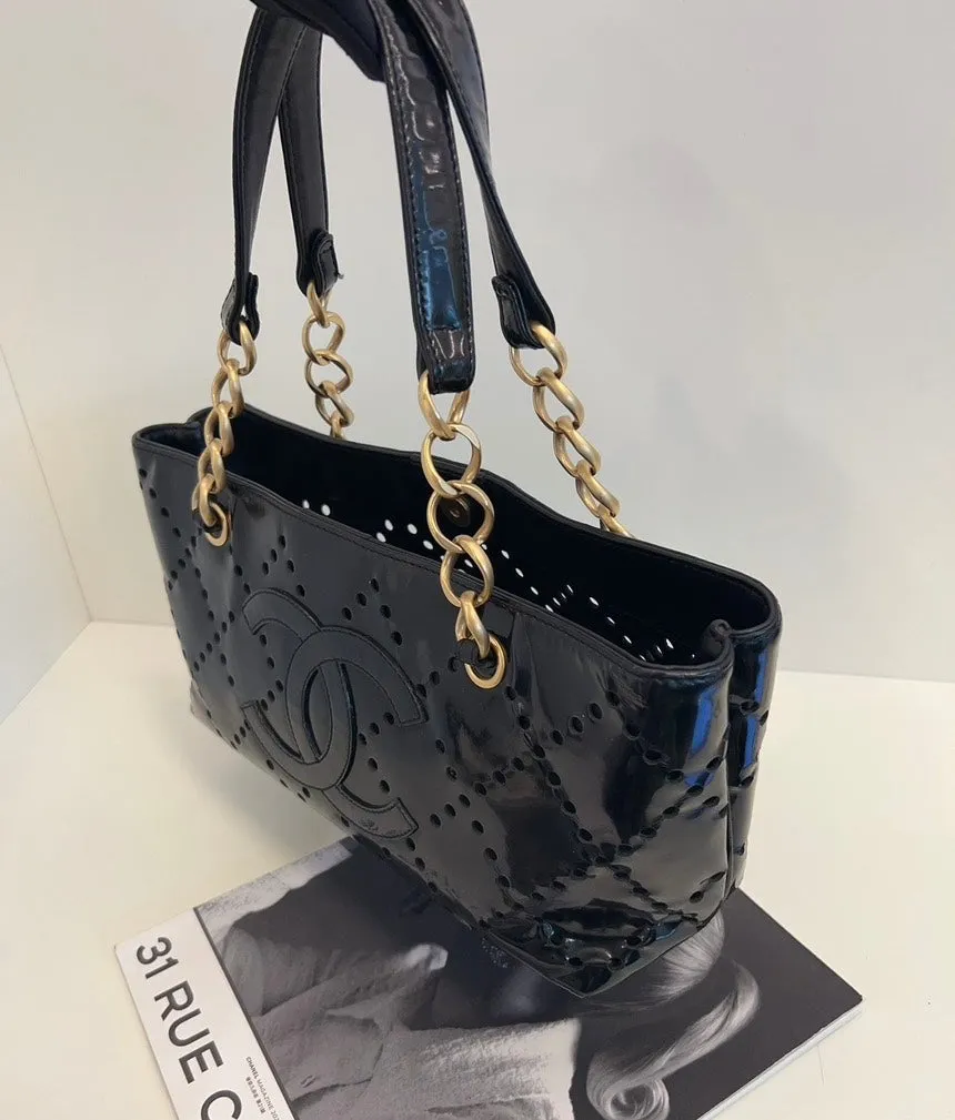 Chanel Timeless Black Patent Perforated Leather Tote Bag
