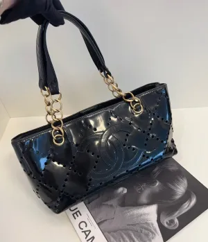 Chanel Timeless Black Patent Perforated Leather Tote Bag
