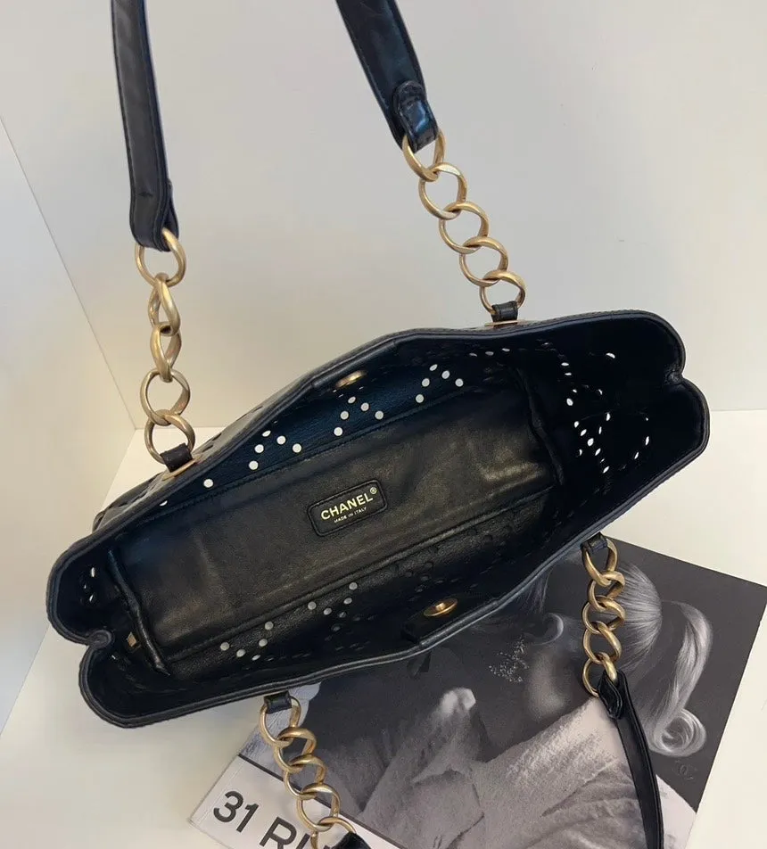 Chanel Timeless Black Patent Perforated Leather Tote Bag