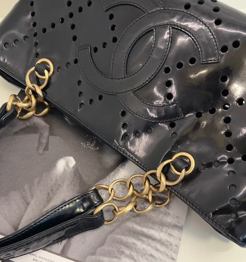 Chanel Timeless Black Patent Perforated Leather Tote Bag