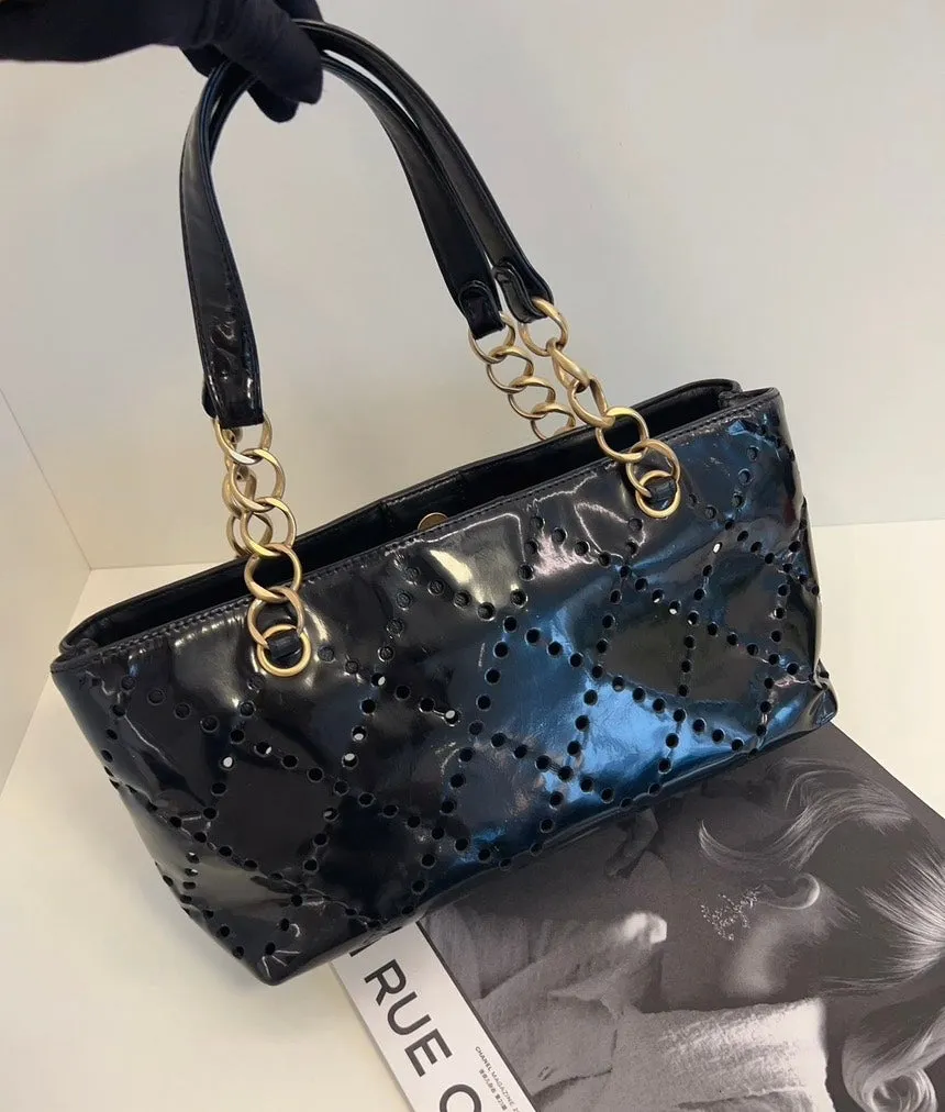Chanel Timeless Black Patent Perforated Leather Tote Bag