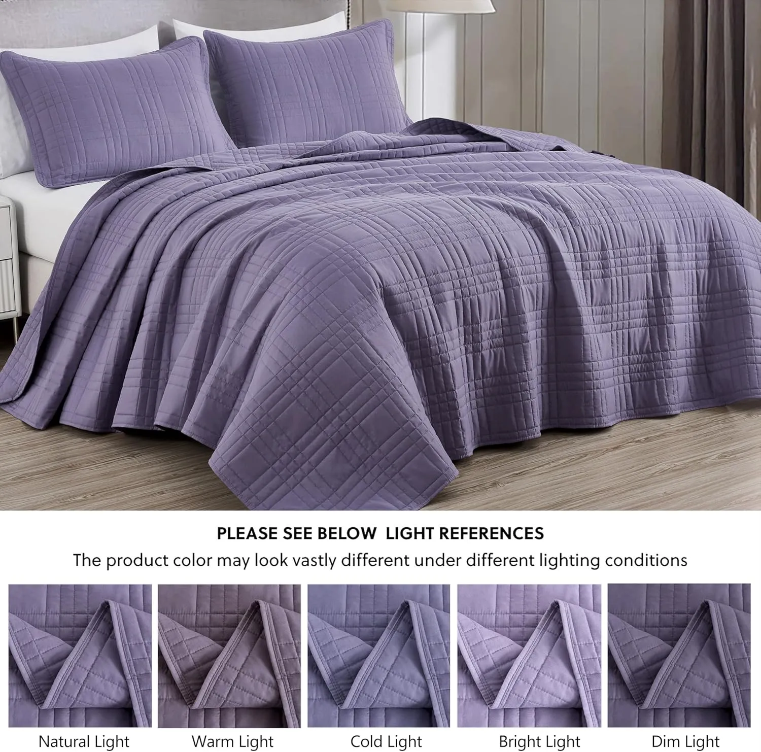 Chezmoi Collection Kingston Queen Size Bedspread Set, 3-Piece Dusty Purple Oversized Quilted Microfiber Lightweight Bedspread Coverlet (100"x106") for All Seasons