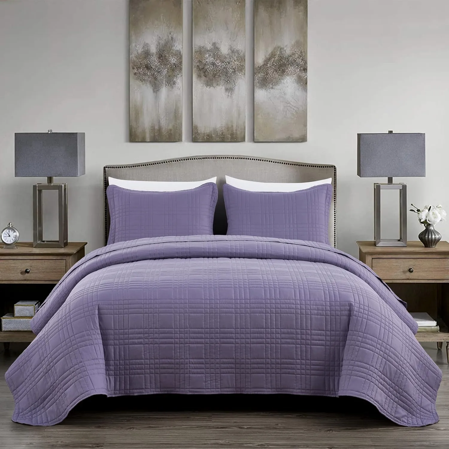 Chezmoi Collection Kingston Queen Size Bedspread Set, 3-Piece Dusty Purple Oversized Quilted Microfiber Lightweight Bedspread Coverlet (100"x106") for All Seasons