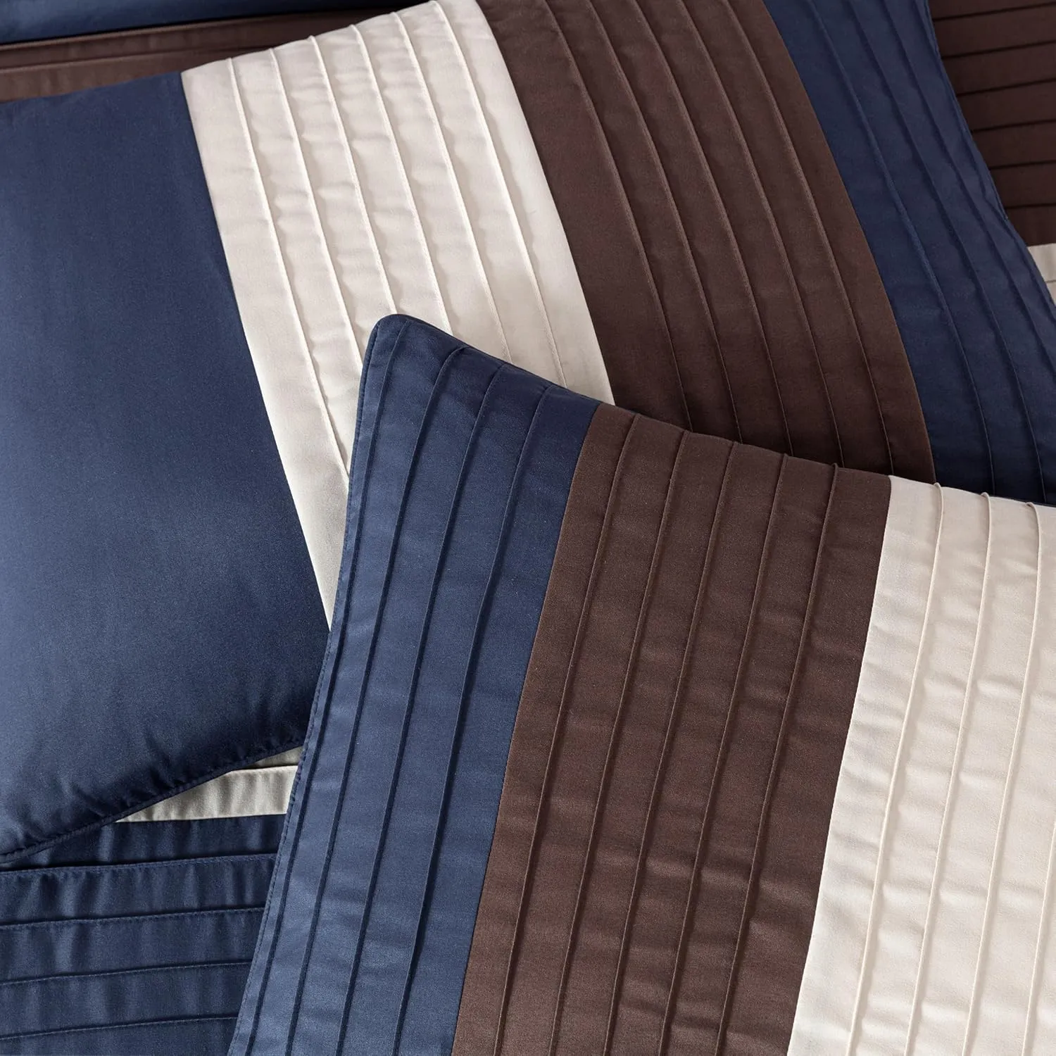 Chezmoi Collection Loft 8-Piece Queen Comforter Set, Midnight Blue/Brown/Coffee Cream Luxury Striped Bedding for All Season