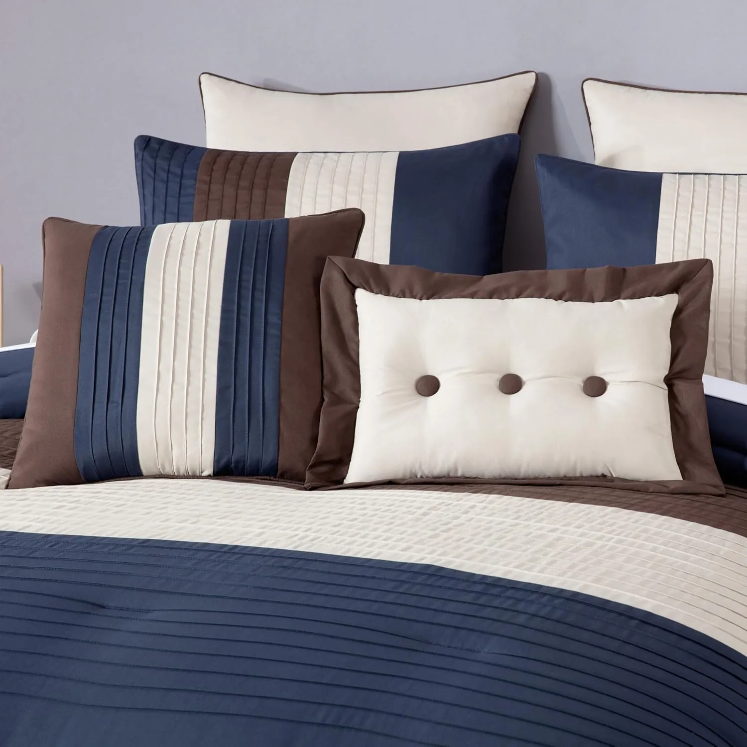 Chezmoi Collection Loft 8-Piece Queen Comforter Set, Midnight Blue/Brown/Coffee Cream Luxury Striped Bedding for All Season