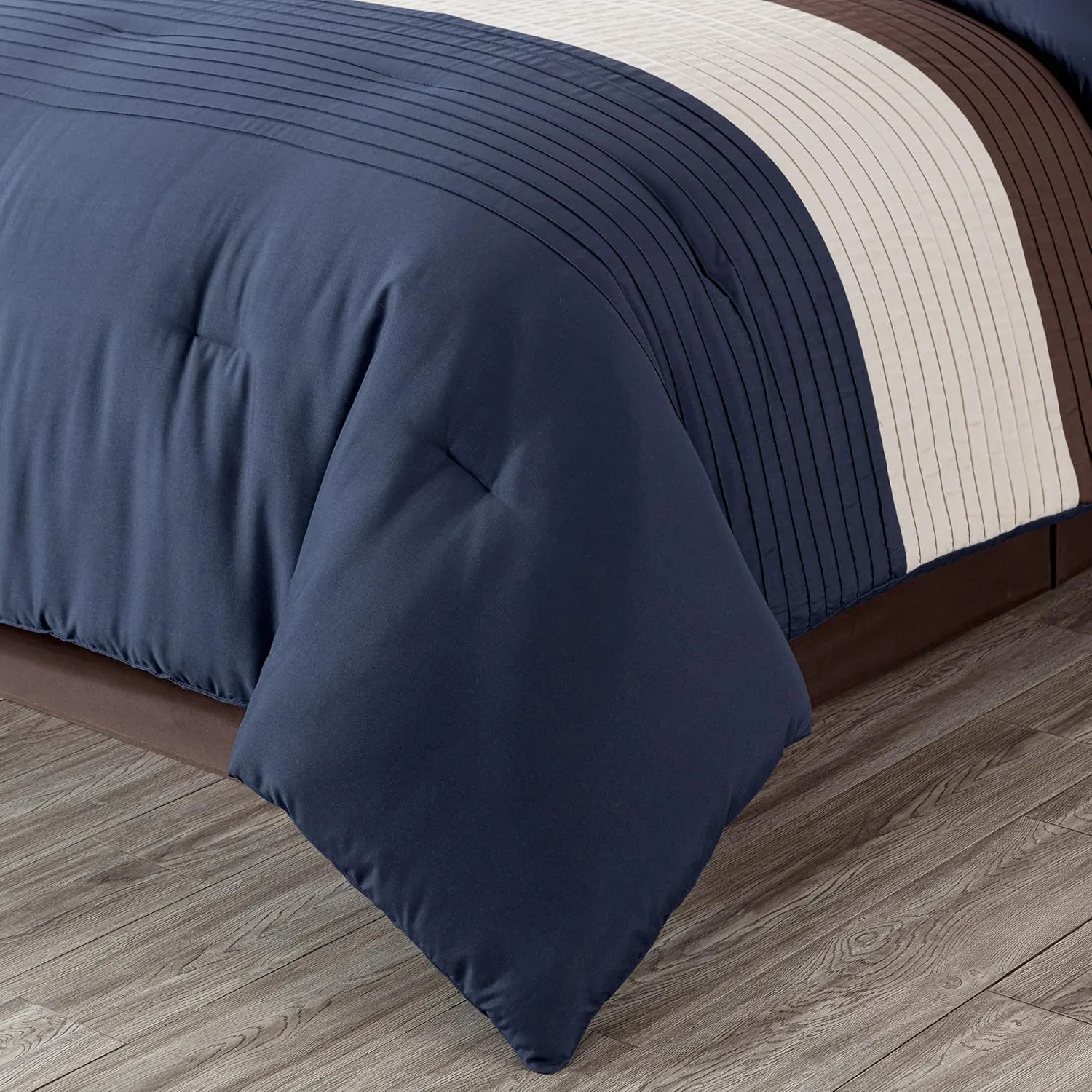 Chezmoi Collection Loft 8-Piece Queen Comforter Set, Midnight Blue/Brown/Coffee Cream Luxury Striped Bedding for All Season