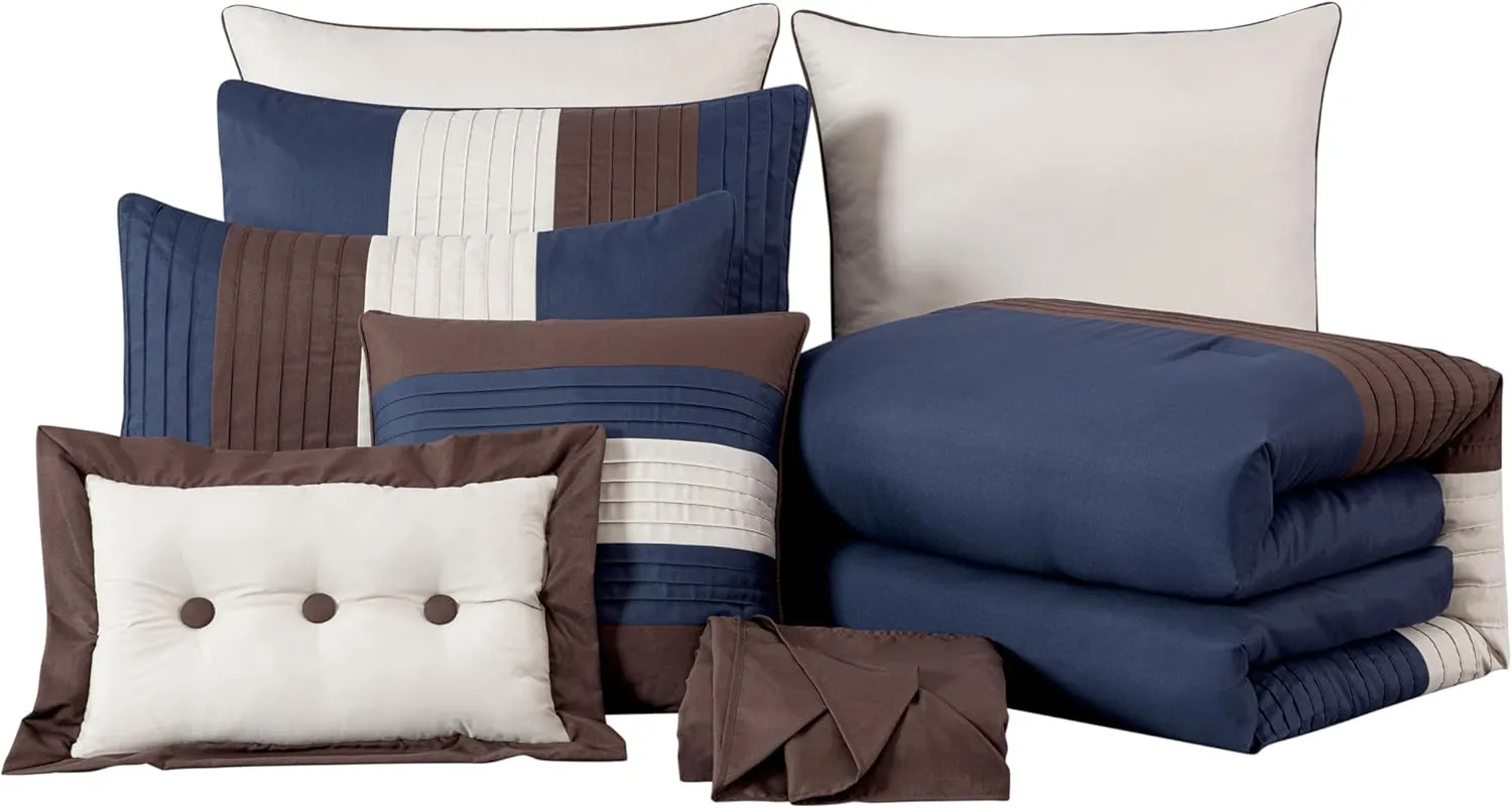 Chezmoi Collection Loft 8-Piece Queen Comforter Set, Midnight Blue/Brown/Coffee Cream Luxury Striped Bedding for All Season