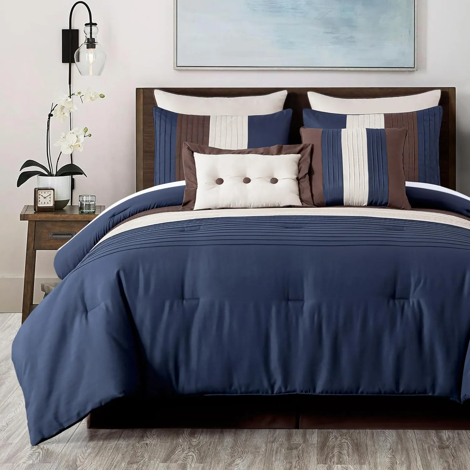 Chezmoi Collection Loft 8-Piece Queen Comforter Set, Midnight Blue/Brown/Coffee Cream Luxury Striped Bedding for All Season