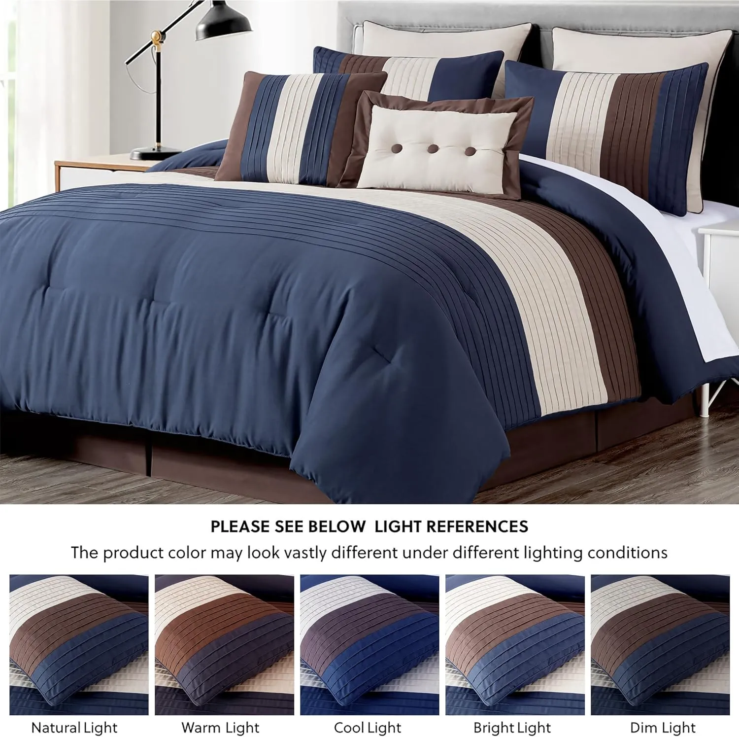 Chezmoi Collection Loft 8-Piece Queen Comforter Set, Midnight Blue/Brown/Coffee Cream Luxury Striped Bedding for All Season