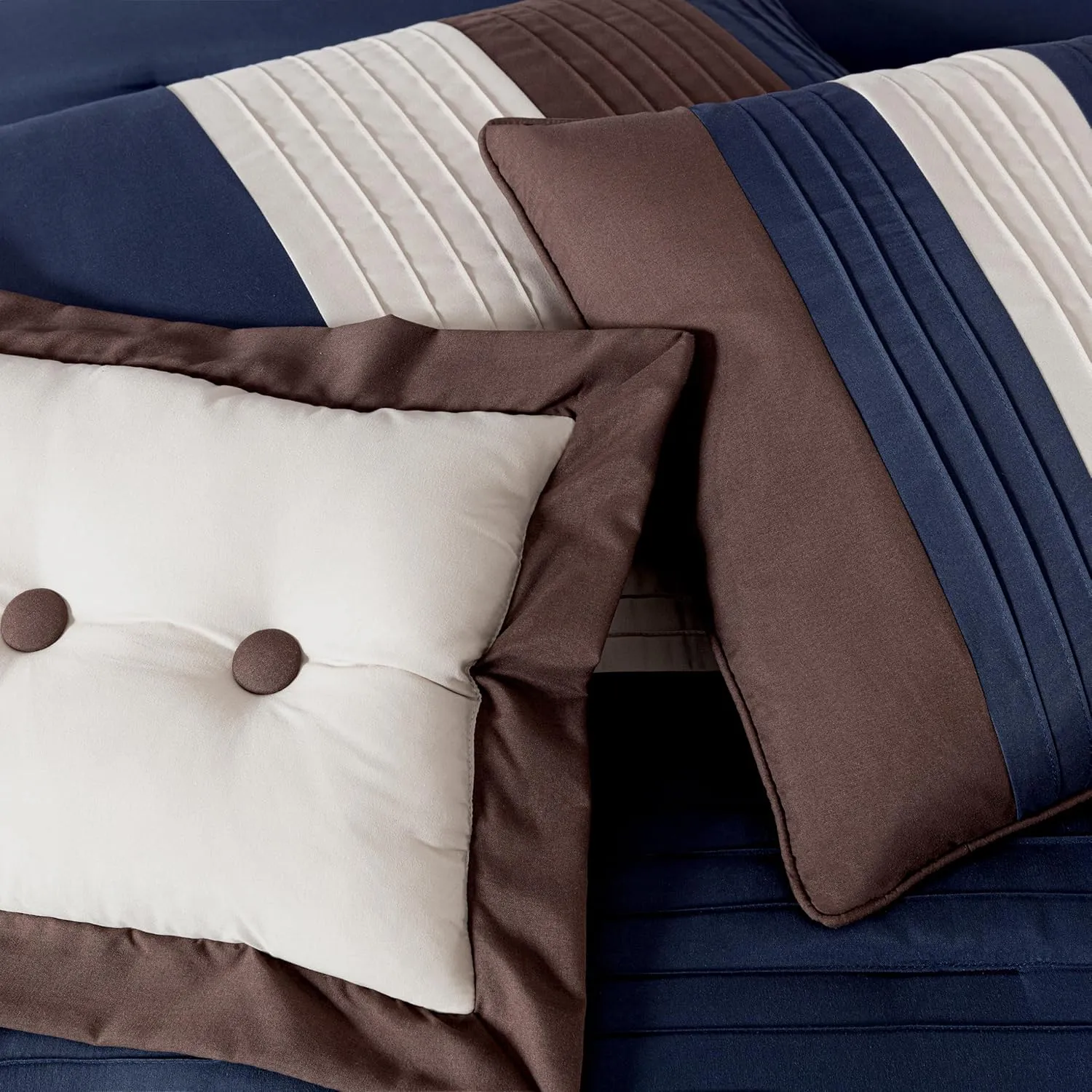 Chezmoi Collection Loft 8-Piece Queen Comforter Set, Midnight Blue/Brown/Coffee Cream Luxury Striped Bedding for All Season