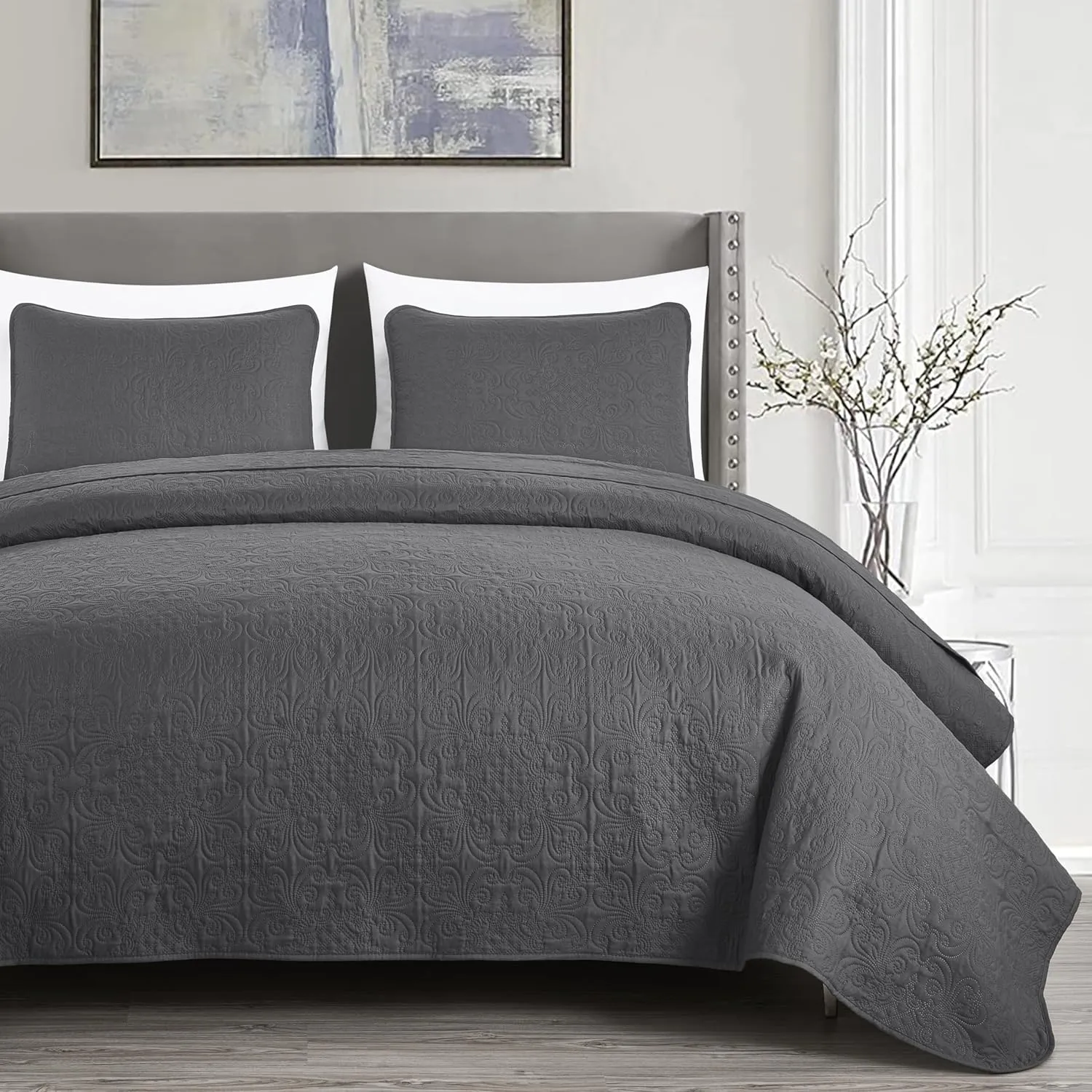 Chezmoi Collection Luca 3-Piece Oversized Bedspread Set, King Size, Charcoal - Summer Quilt Lightweight Microfiber Bedspread 118 x 106 - Floral Medallion Pattern Coverlet for All Season