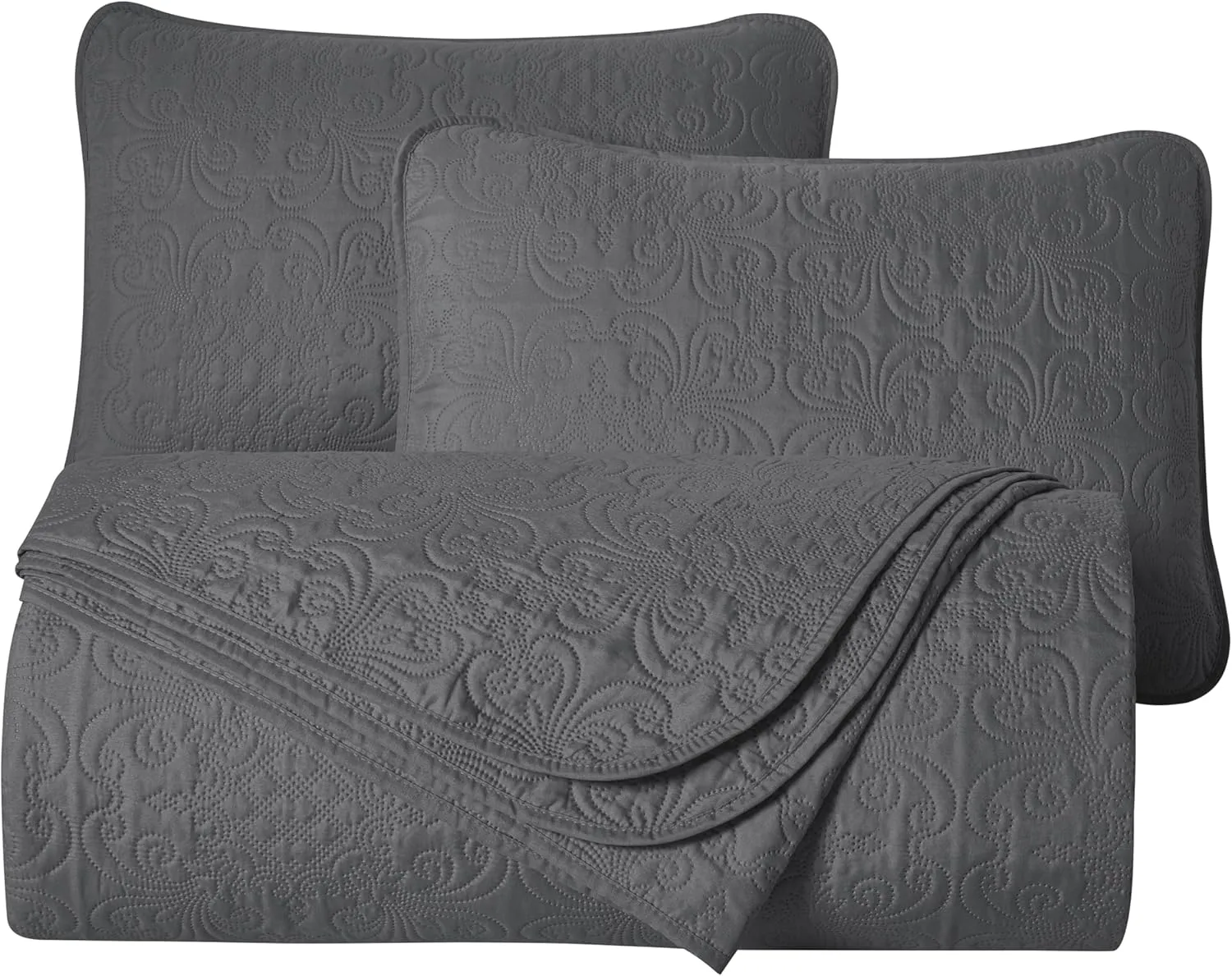 Chezmoi Collection Luca 3-Piece Oversized Bedspread Set, King Size, Charcoal - Summer Quilt Lightweight Microfiber Bedspread 118 x 106 - Floral Medallion Pattern Coverlet for All Season