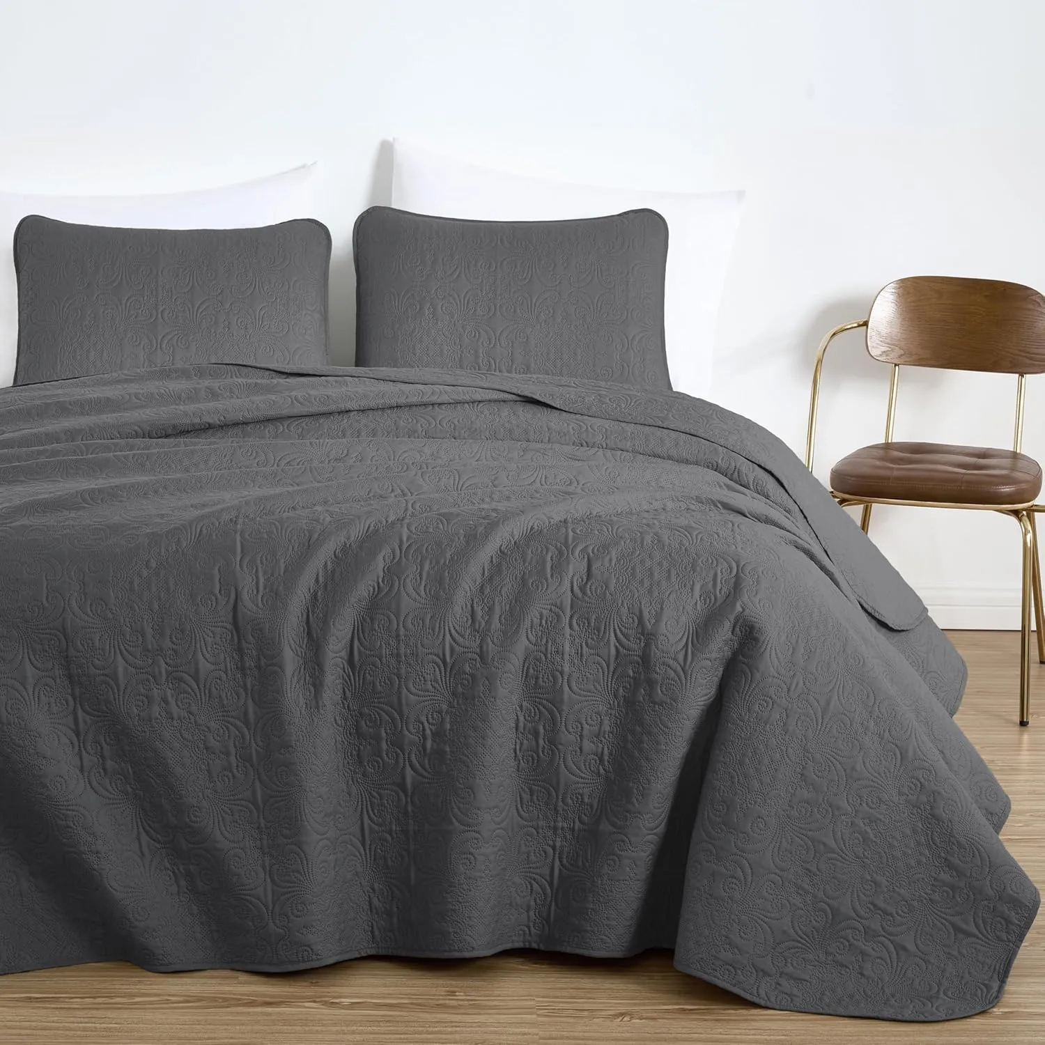 Chezmoi Collection Luca 3-Piece Oversized Bedspread Set, King Size, Charcoal - Summer Quilt Lightweight Microfiber Bedspread 118 x 106 - Floral Medallion Pattern Coverlet for All Season
