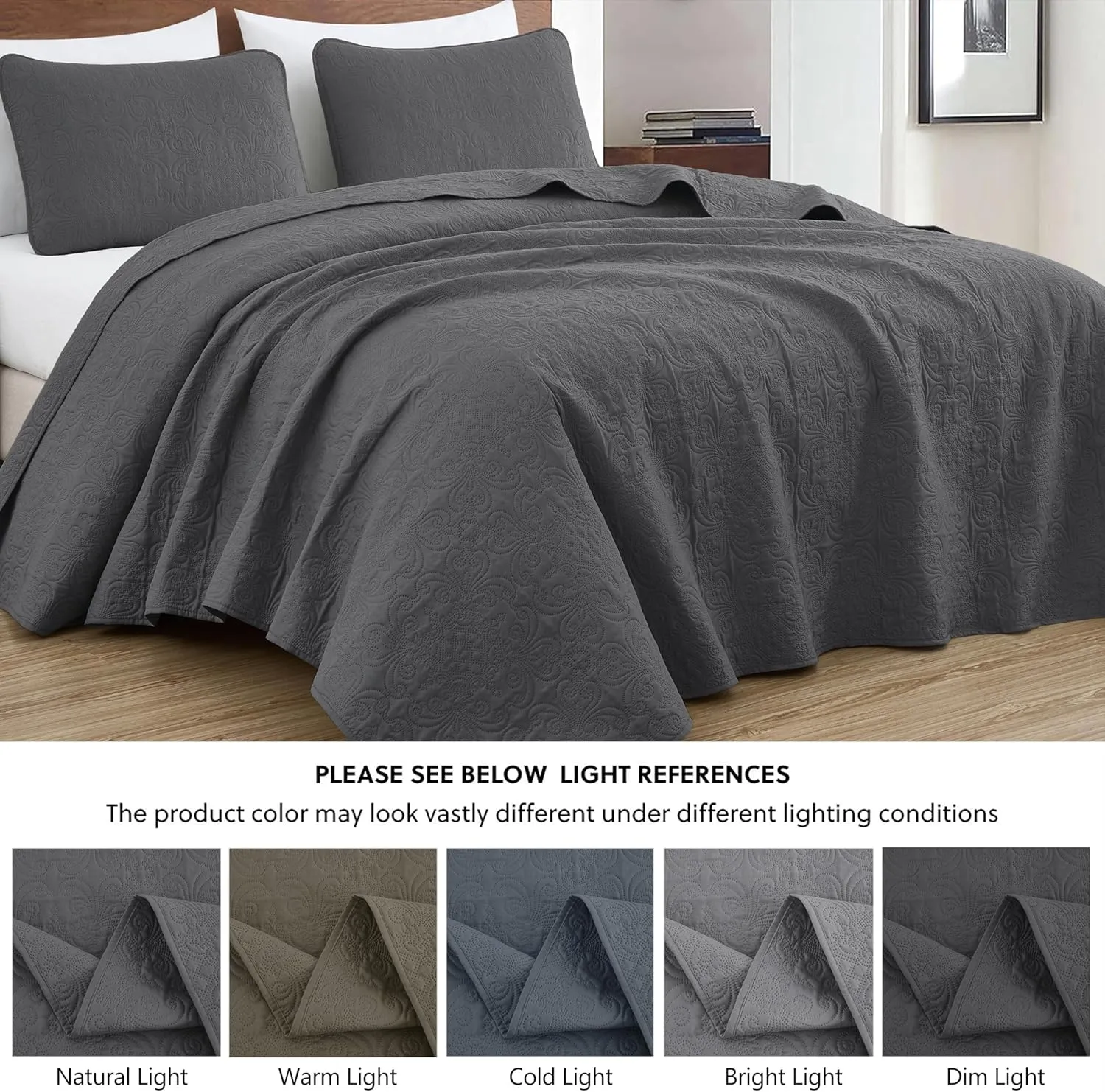 Chezmoi Collection Luca 3-Piece Oversized Bedspread Set, King Size, Charcoal - Summer Quilt Lightweight Microfiber Bedspread 118 x 106 - Floral Medallion Pattern Coverlet for All Season