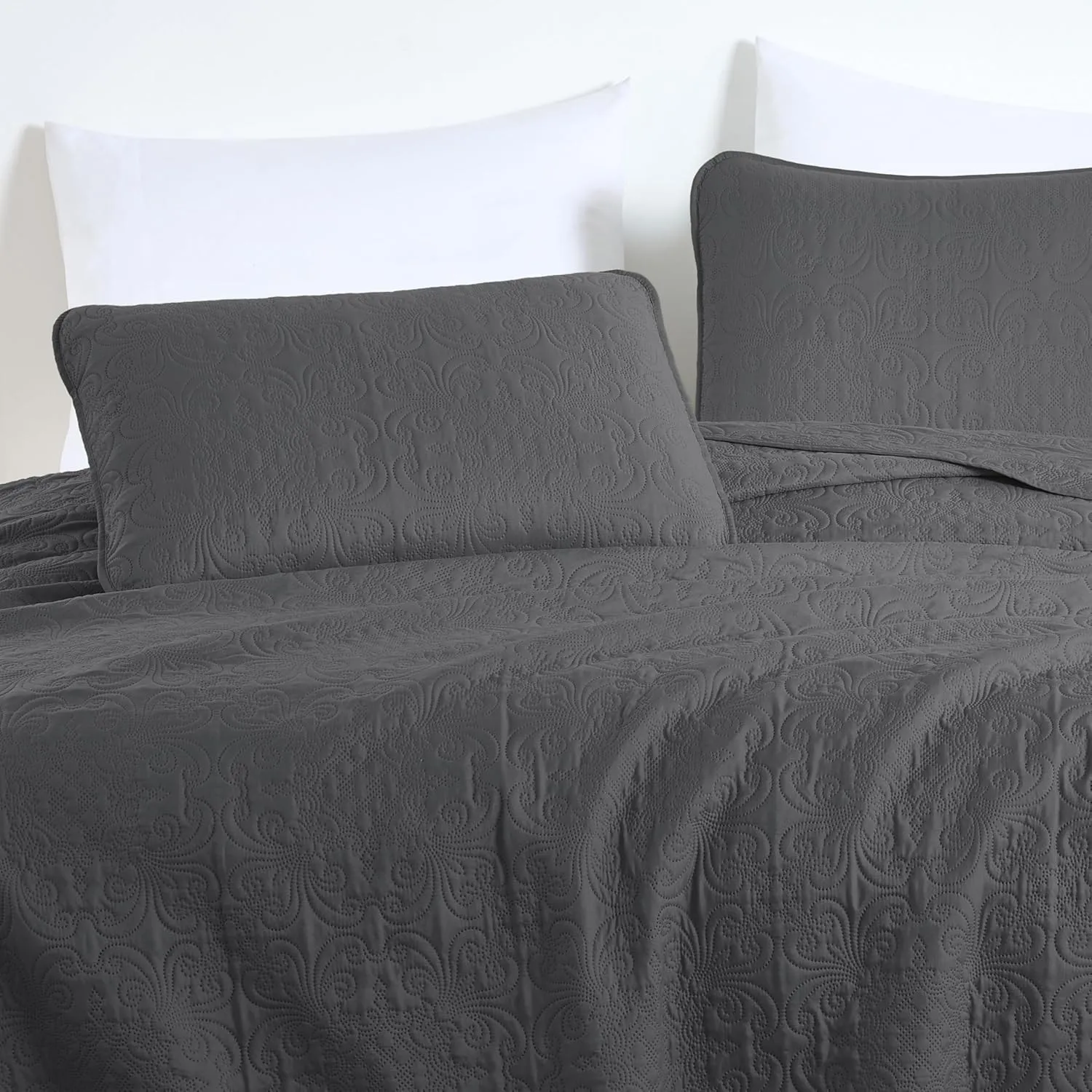 Chezmoi Collection Luca 3-Piece Oversized Bedspread Set, King Size, Charcoal - Summer Quilt Lightweight Microfiber Bedspread 118 x 106 - Floral Medallion Pattern Coverlet for All Season