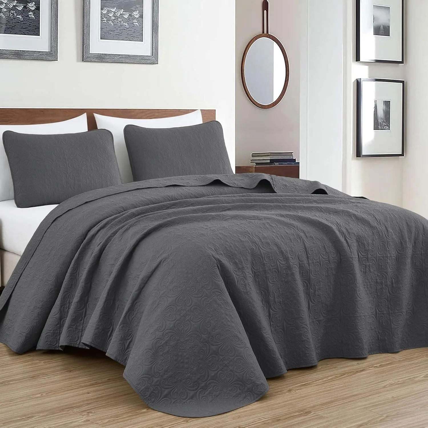 Chezmoi Collection Luca 3-Piece Oversized Bedspread Set, King Size, Charcoal - Summer Quilt Lightweight Microfiber Bedspread 118 x 106 - Floral Medallion Pattern Coverlet for All Season