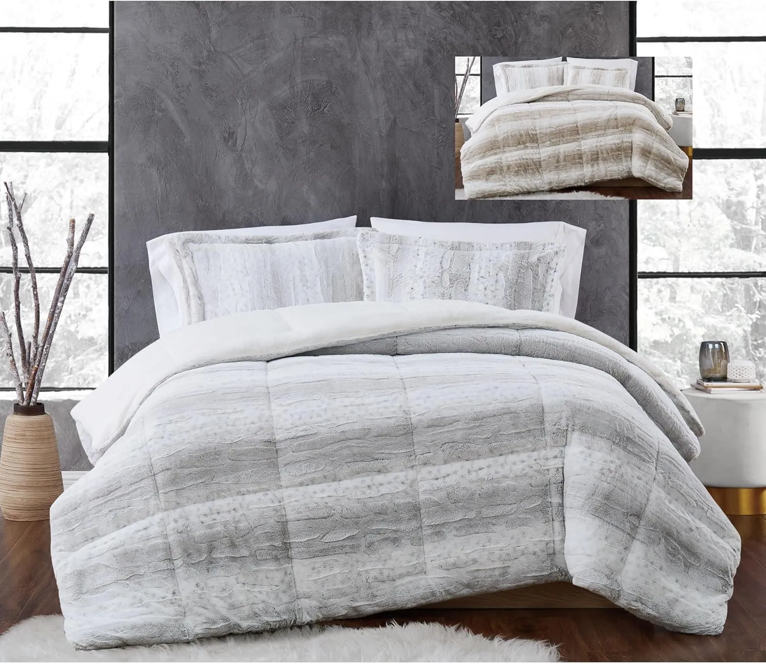 Christian Siriano NY Snow Leopard Faux Fur Comforter Sets Tan Polyester 2-Piece Twin XL Comforter Set, Cozy and Ideal Designer Look, OEKO-TEX Certified Confidence