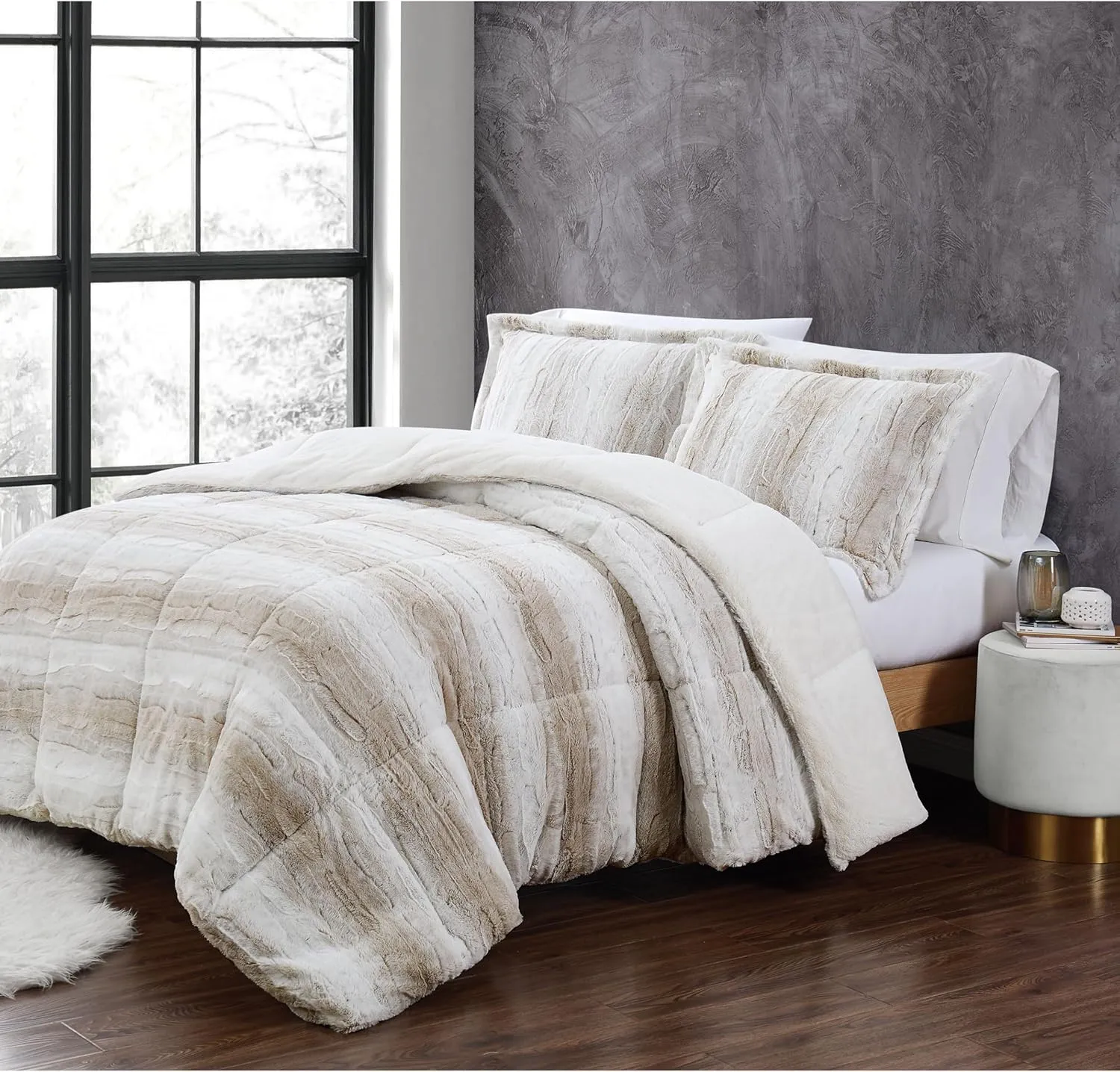 Christian Siriano NY Snow Leopard Faux Fur Comforter Sets Tan Polyester 2-Piece Twin XL Comforter Set, Cozy and Ideal Designer Look, OEKO-TEX Certified Confidence