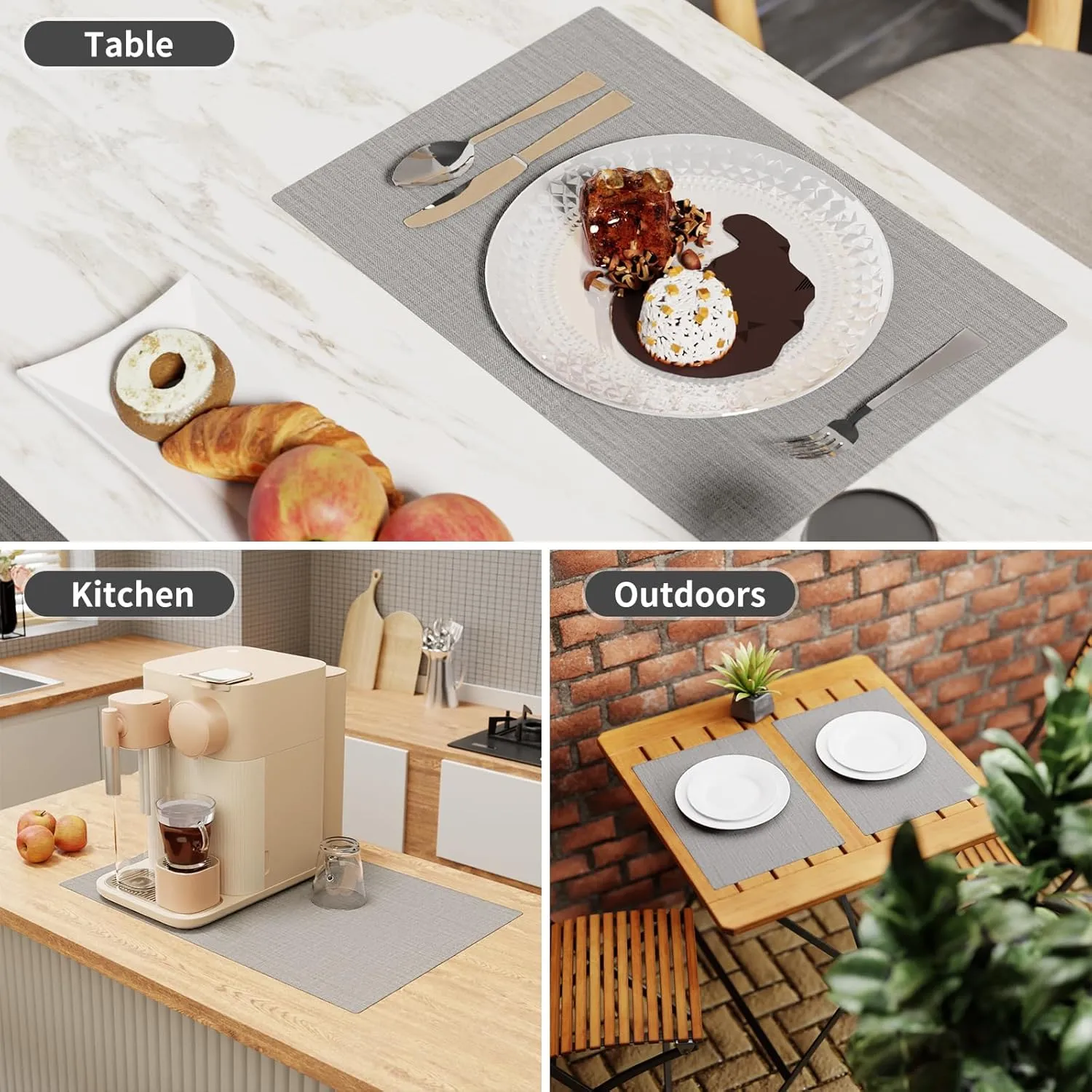 Cloth Placemats, Set of 4 Heat-Resistant Cotton Linen Blend Double Layered Machine Washable Place Mats, Wrinkle Free Thick Fabric Dining Table Mats for Indoors & Outdoors (Light Grey, 4)