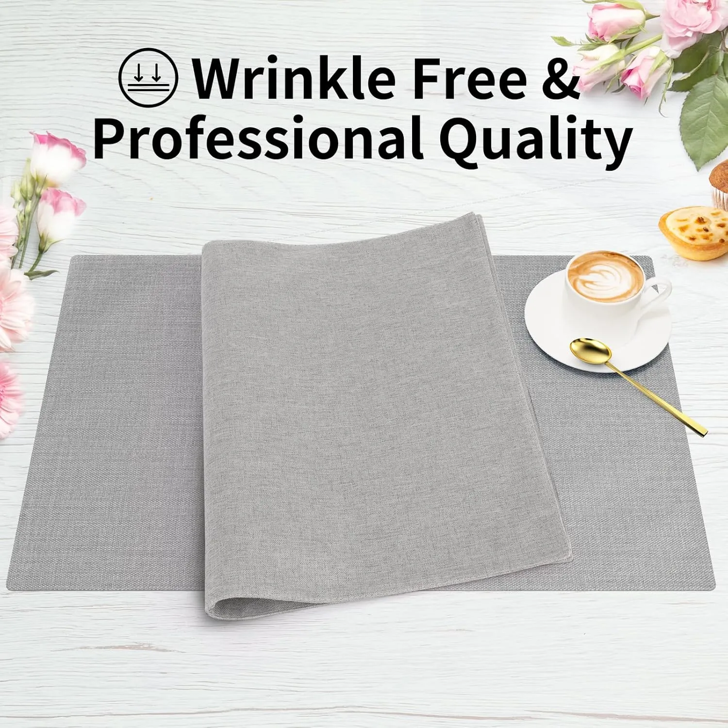 Cloth Placemats, Set of 4 Heat-Resistant Cotton Linen Blend Double Layered Machine Washable Place Mats, Wrinkle Free Thick Fabric Dining Table Mats for Indoors & Outdoors (Light Grey, 4)
